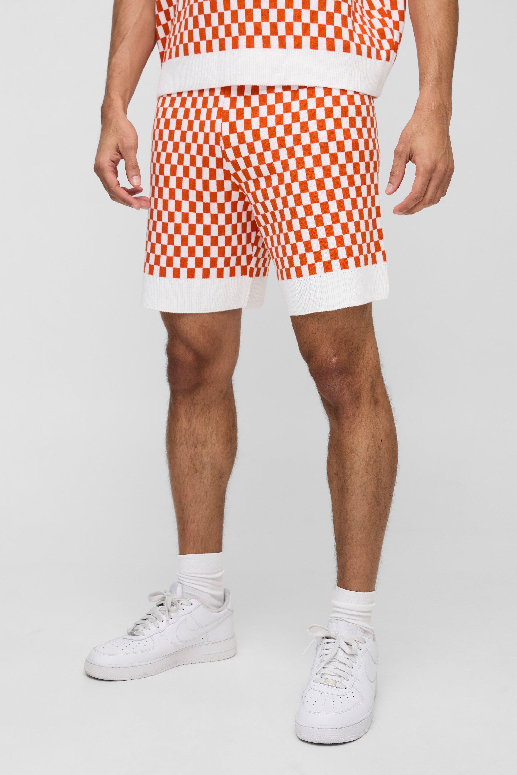 Image of Pantaloncini rilassati in maglia a quadri in jacquard, Arancio