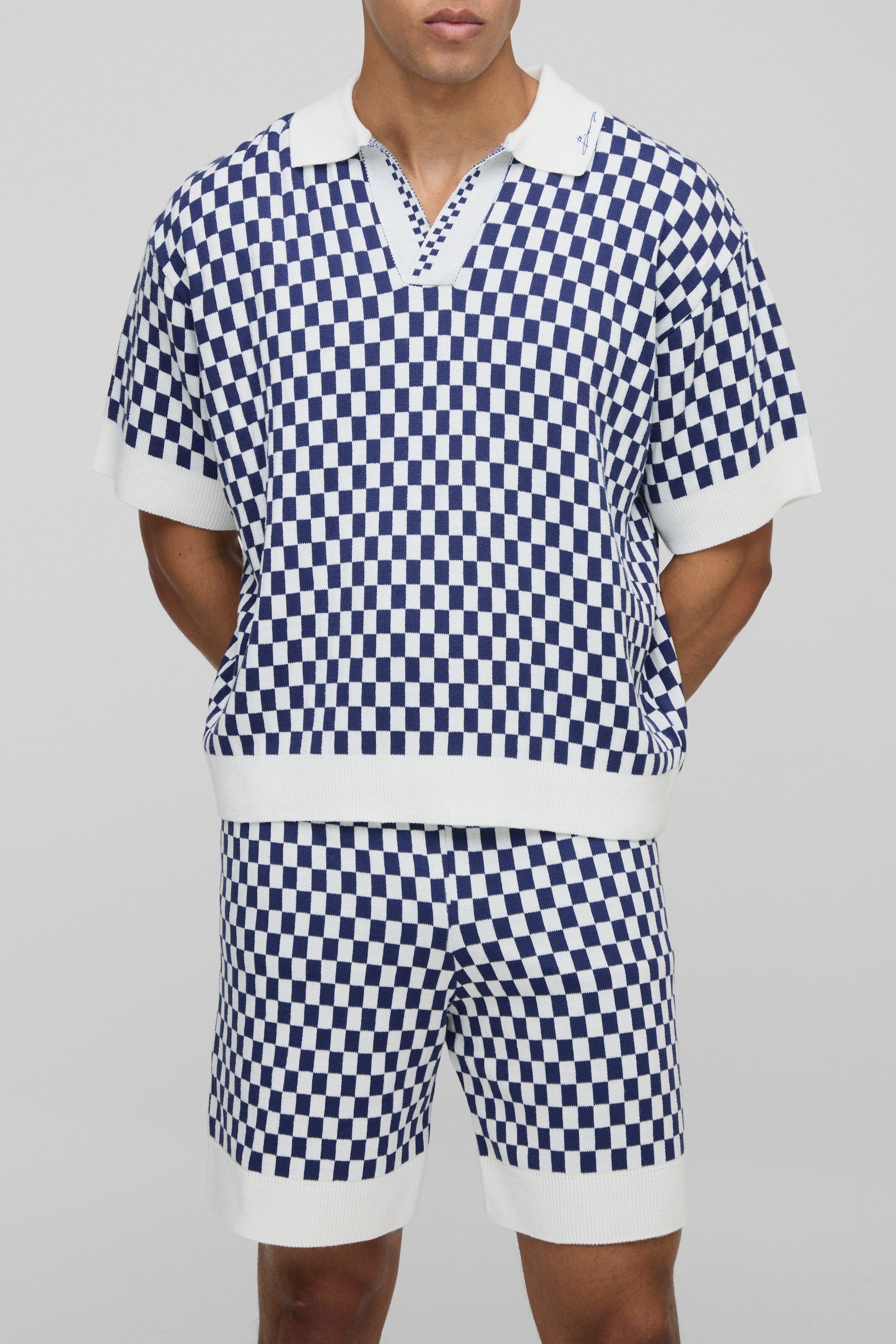 MAN Oversized Boxy Jacquard Check Knitted Polo & Relaxed Short Set