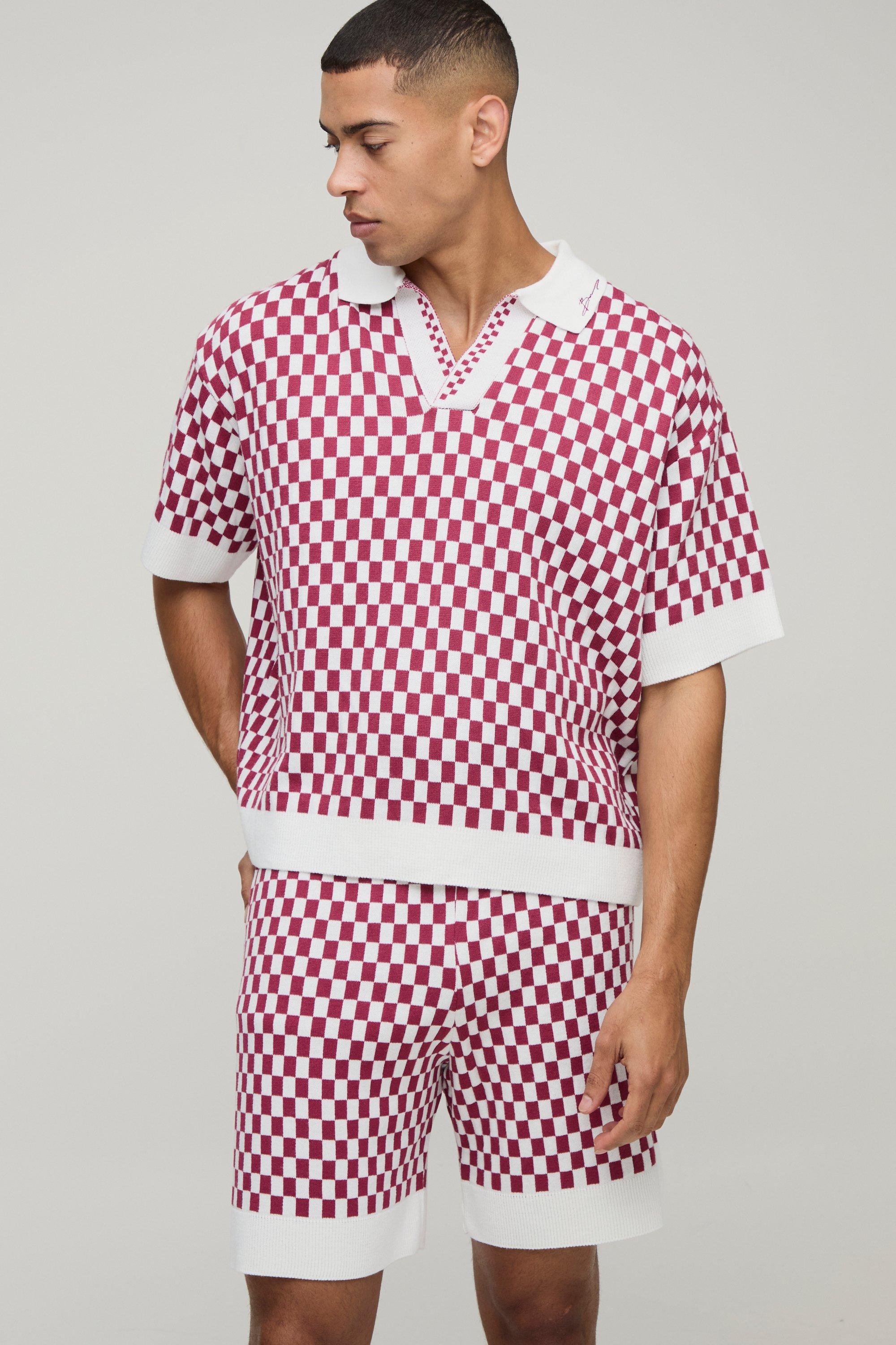 Image of Set polo squadrato oversize in maglia in jacquard a quadri & pantaloncini rilassati, Pink