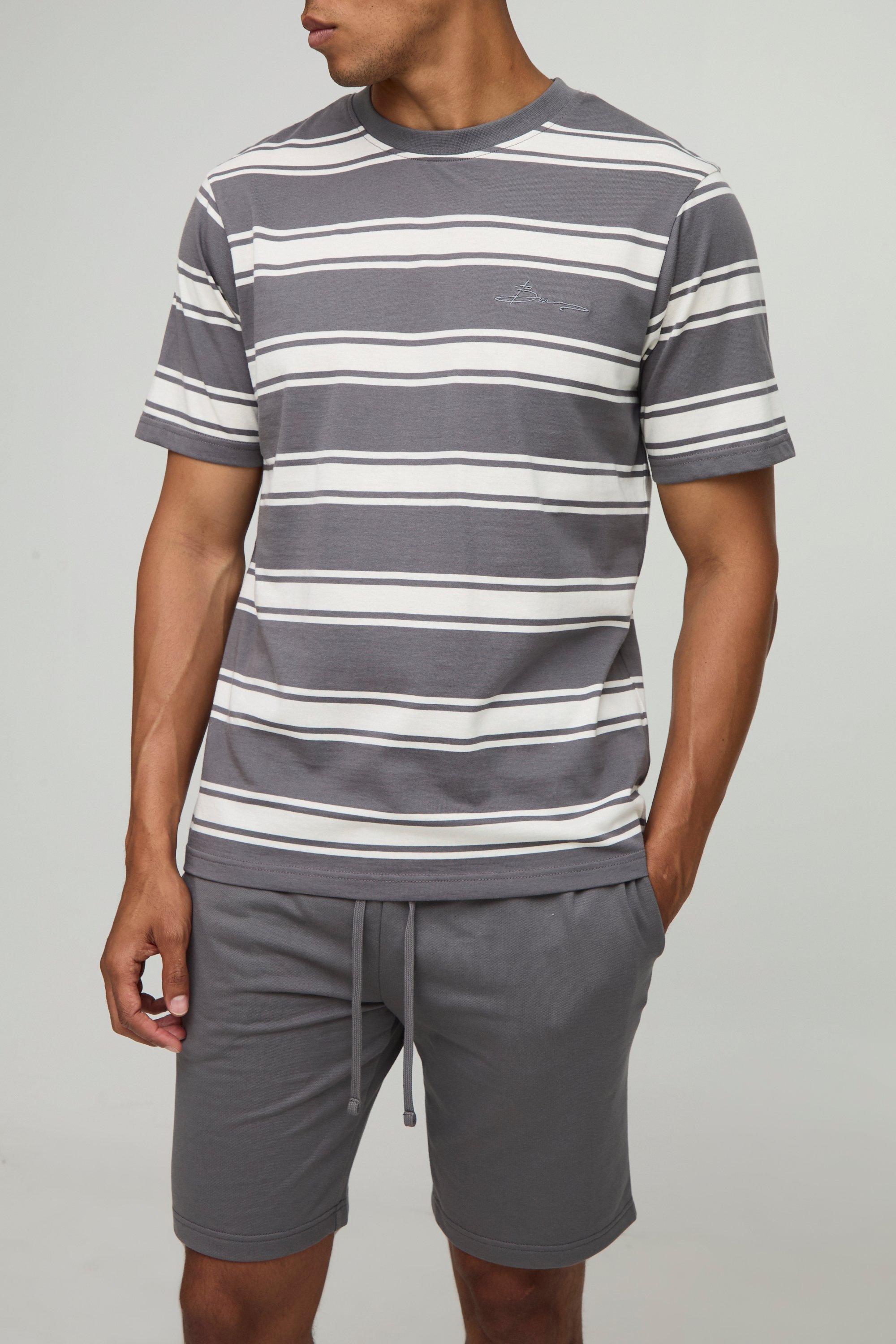 Mens Grey BM Signature Relaxed Striped T-Shirt and Shorts Set, Grey