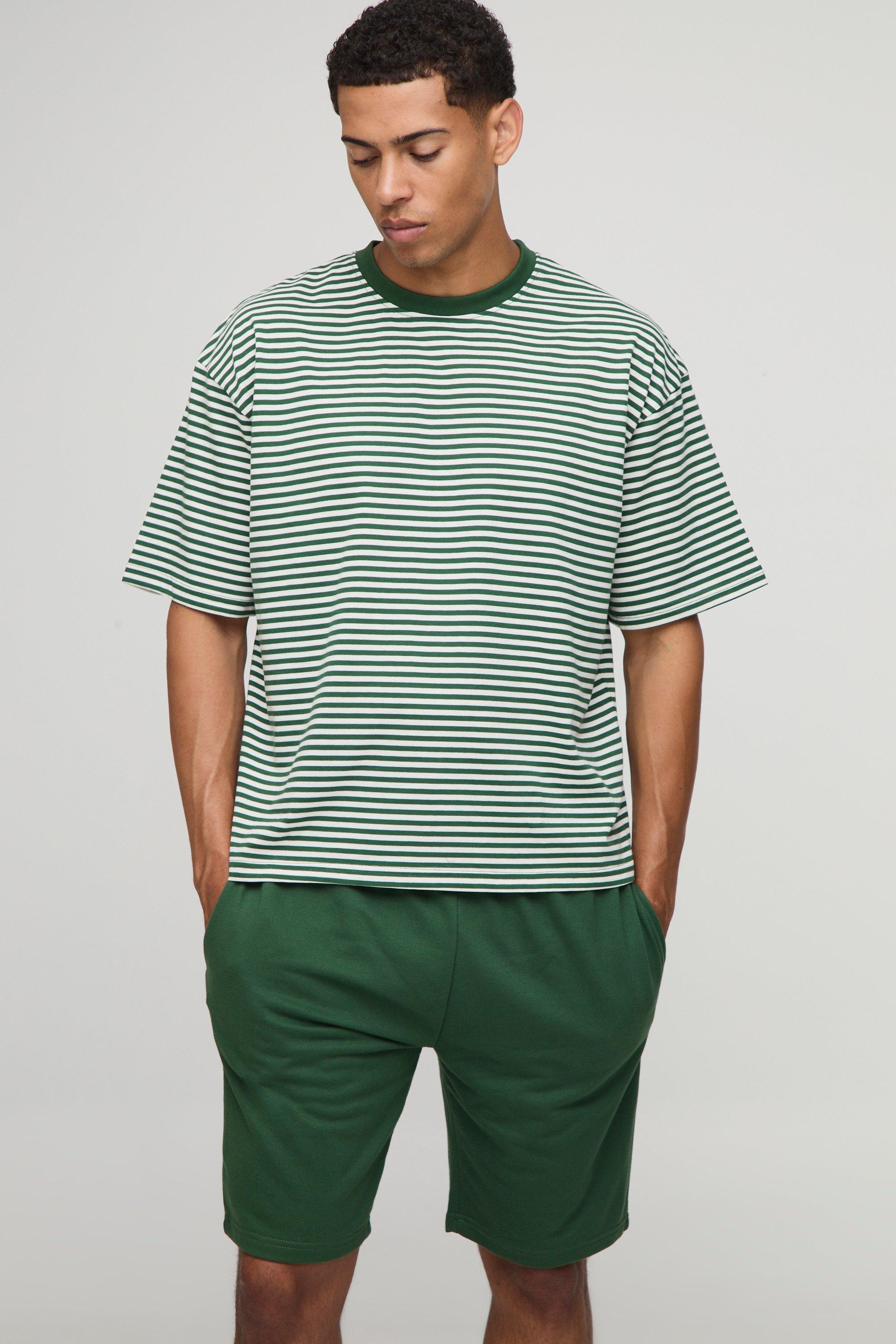 Mens Green Oversized Boxy Striped T-Shirt and Shorts Set, Green