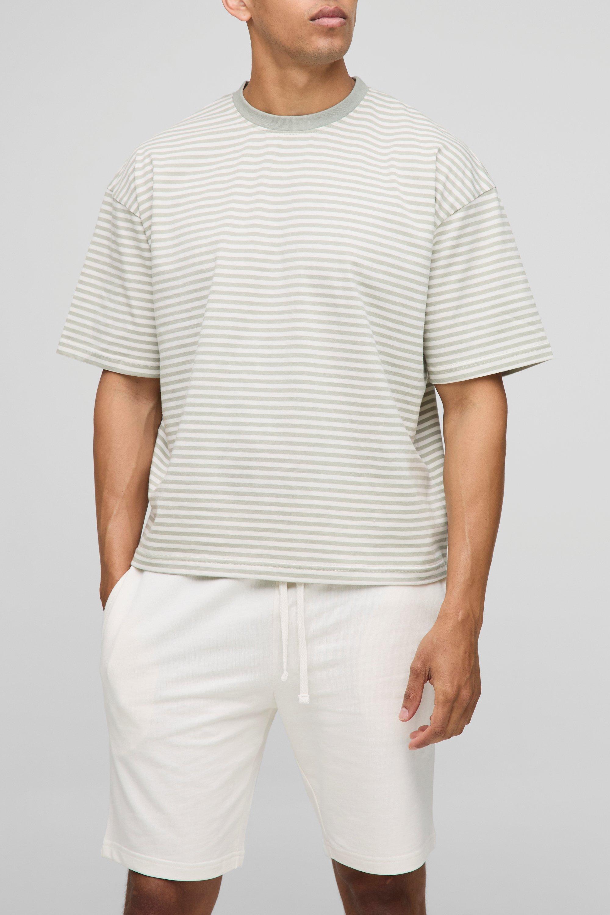 Mens Green Oversized Boxy Striped T-Shirt and Shorts Set, Green