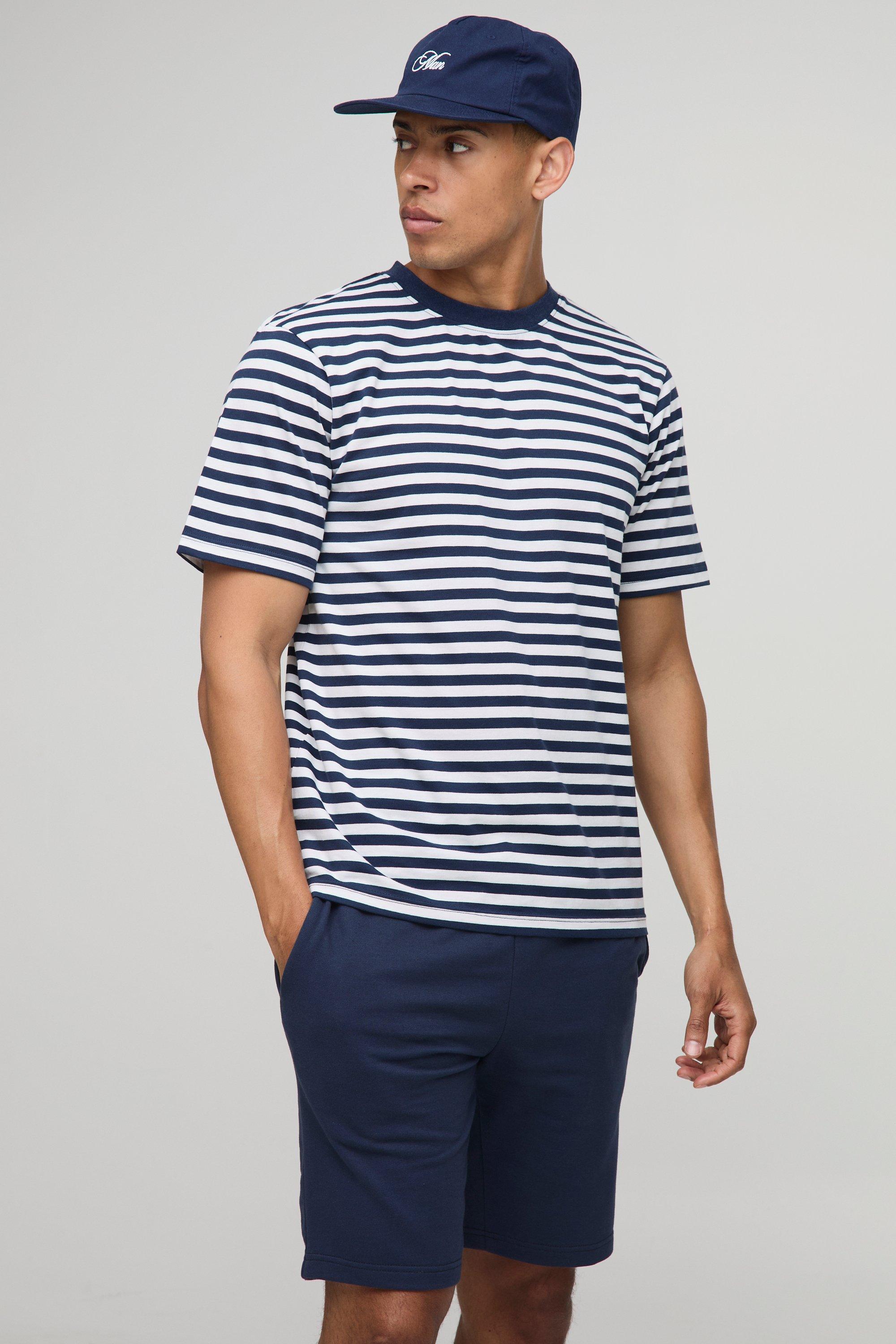 Mens Navy Relaxed Striped T-Shirt and Shorts Set, Navy