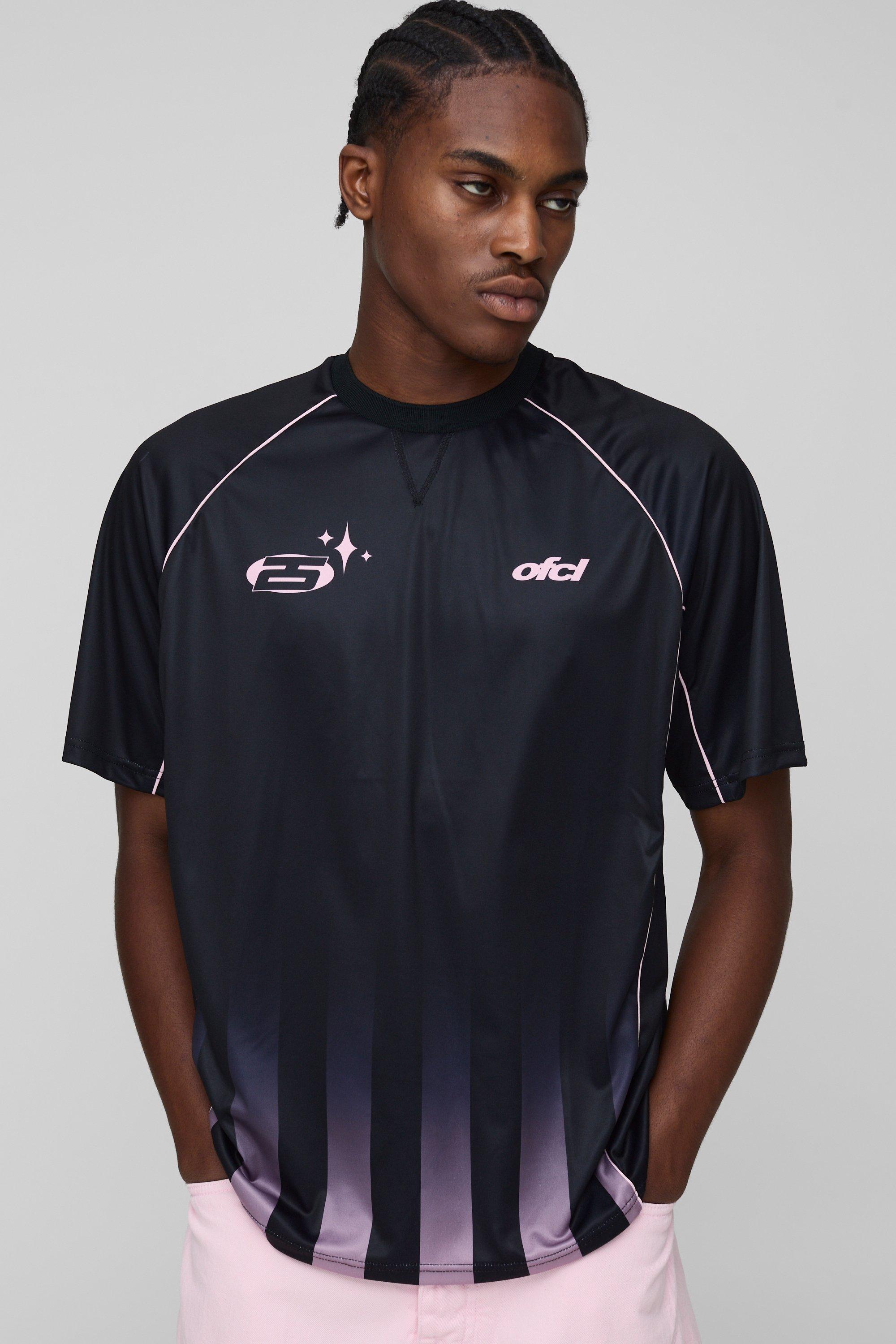 Mens Black Oversized Ombre Stripe Piping Sports Top, Black