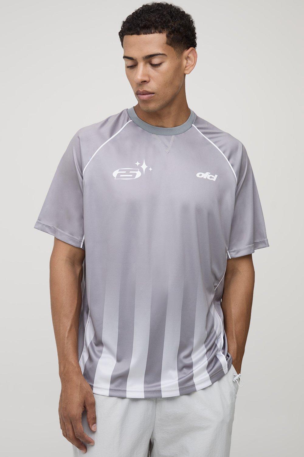 Mens Grey Oversized Ombre Stripe Piping Sports Top, Grey