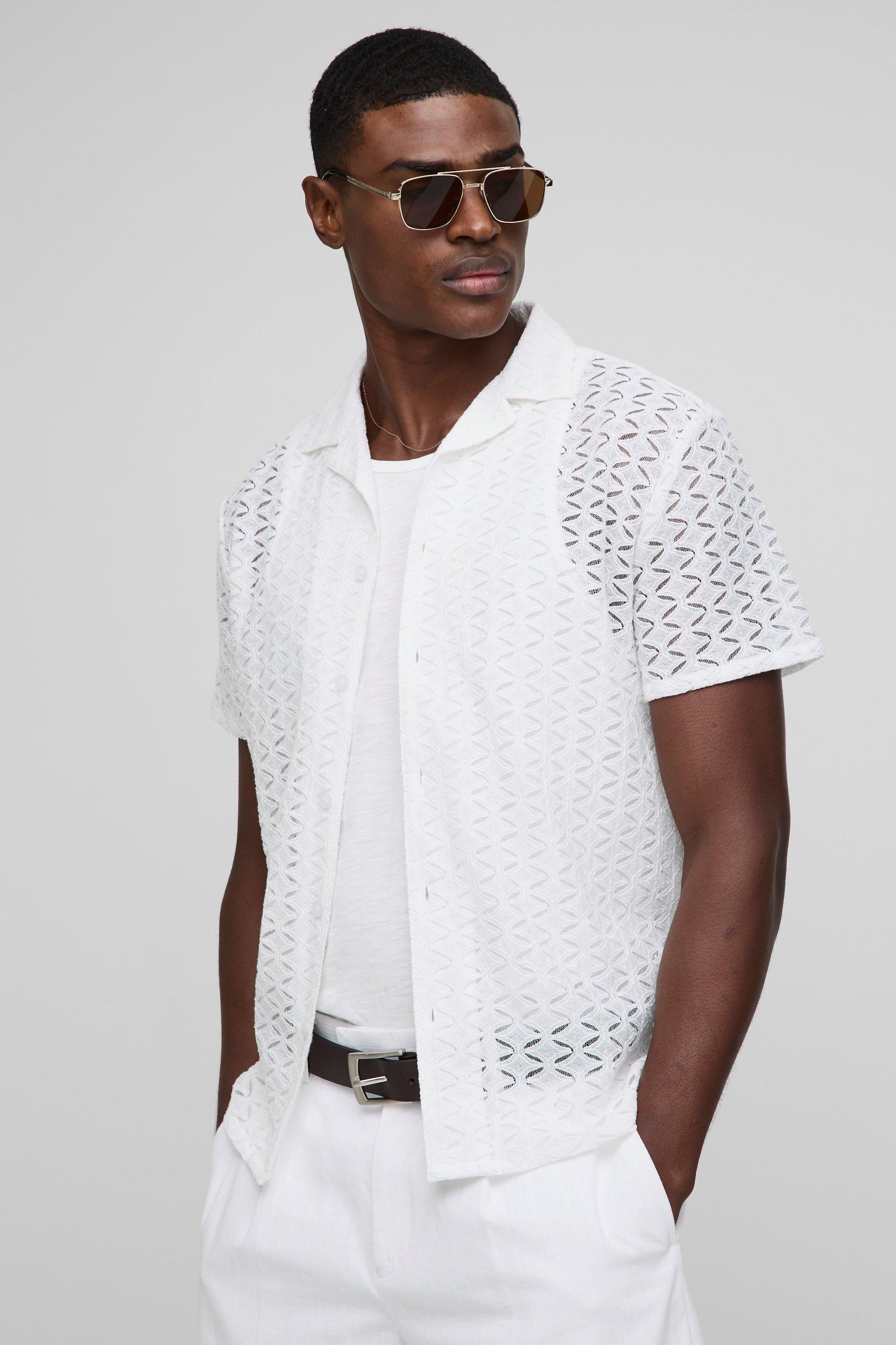 Mens White Regular Geo Open Weave Shirt, White
