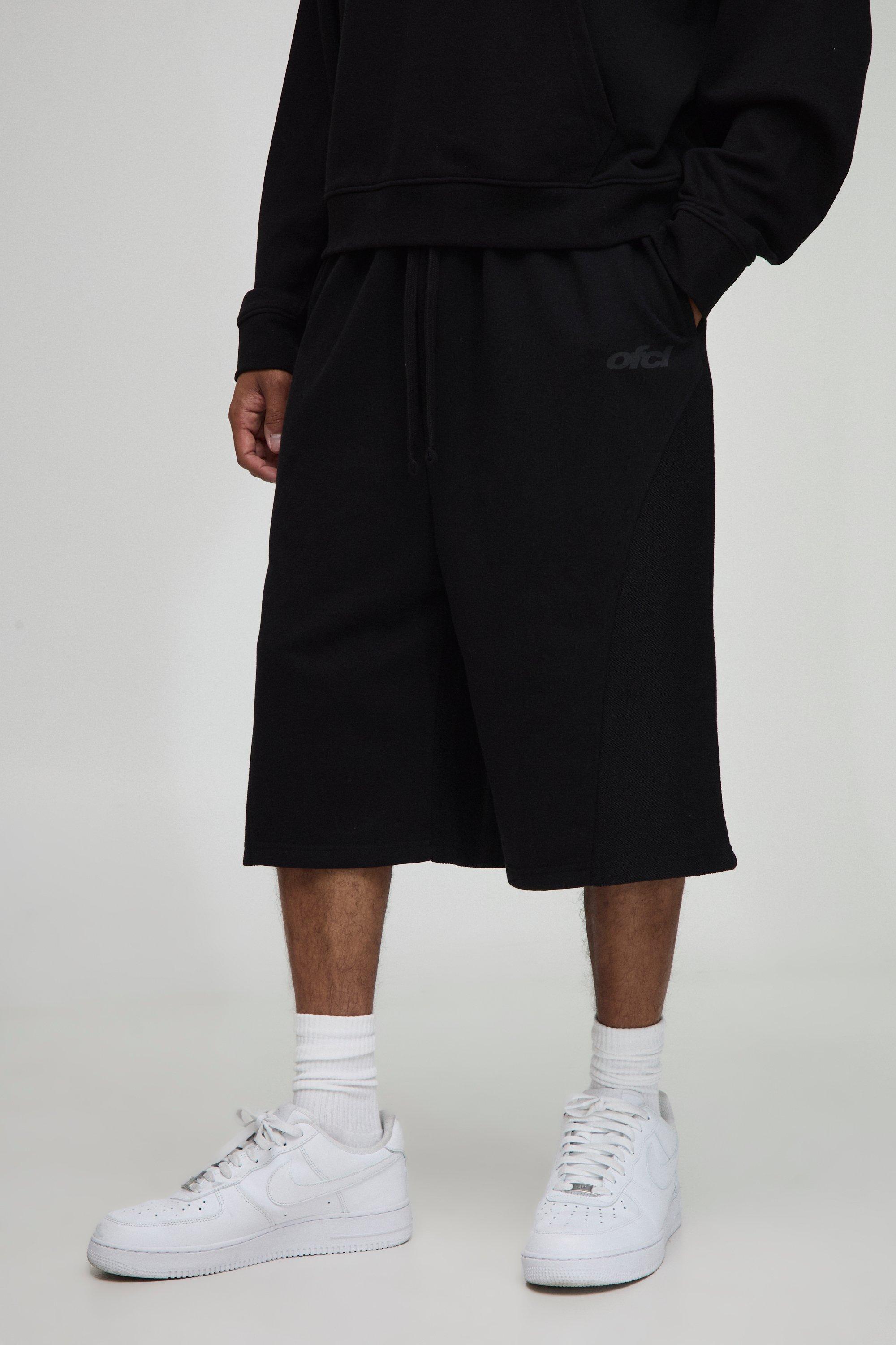 Mens Black Oversized Reverse Loopback Drop Crotch Short, Black