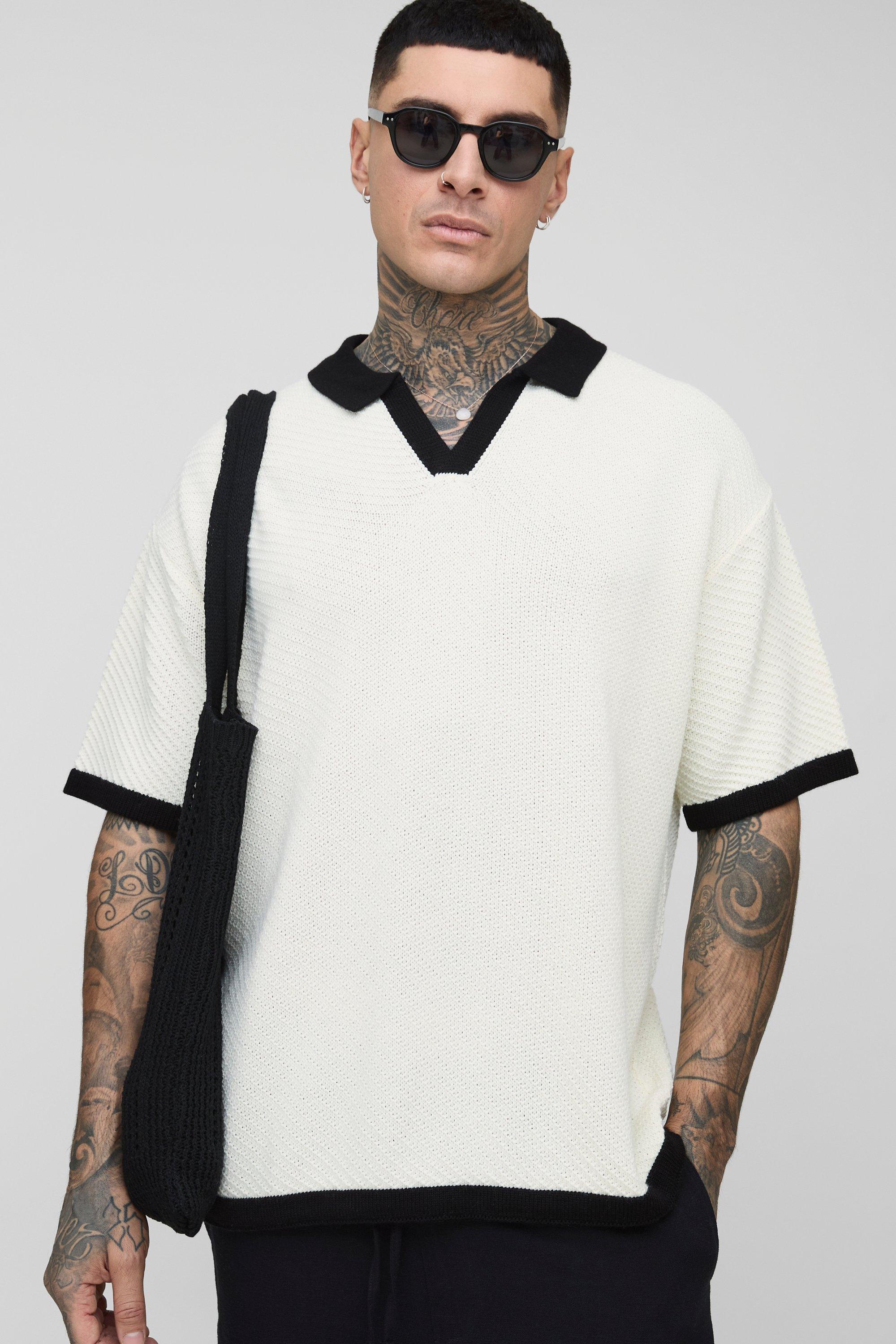 Mens Cream Tall Contrast Knit Oversized Rugby Polo, Cream