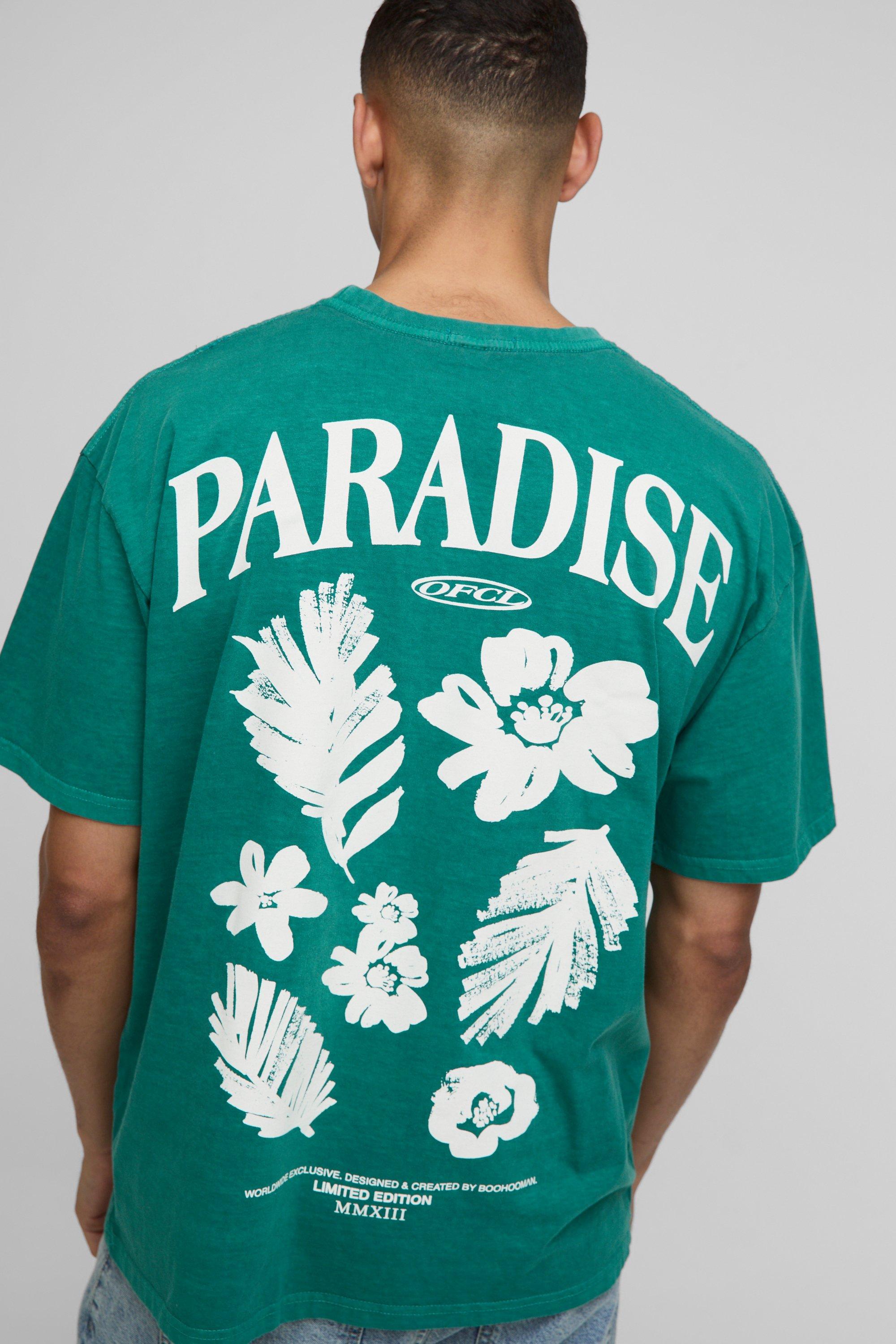 Mens Green Oversized Paradise Floral Print Washed T-shirt, Green