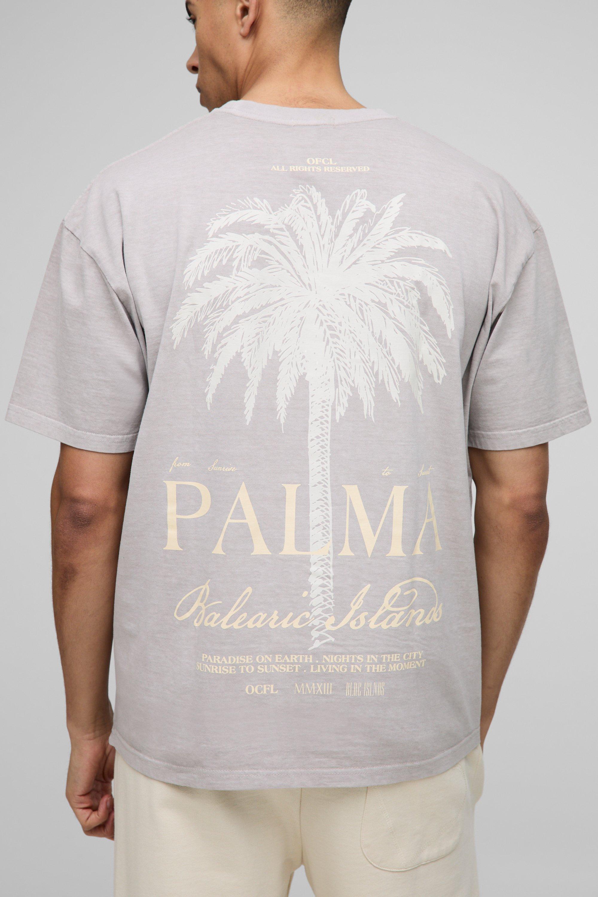 Mens Beige Oversized Palma Palm Tree Washed Printed T-shirt, Beige