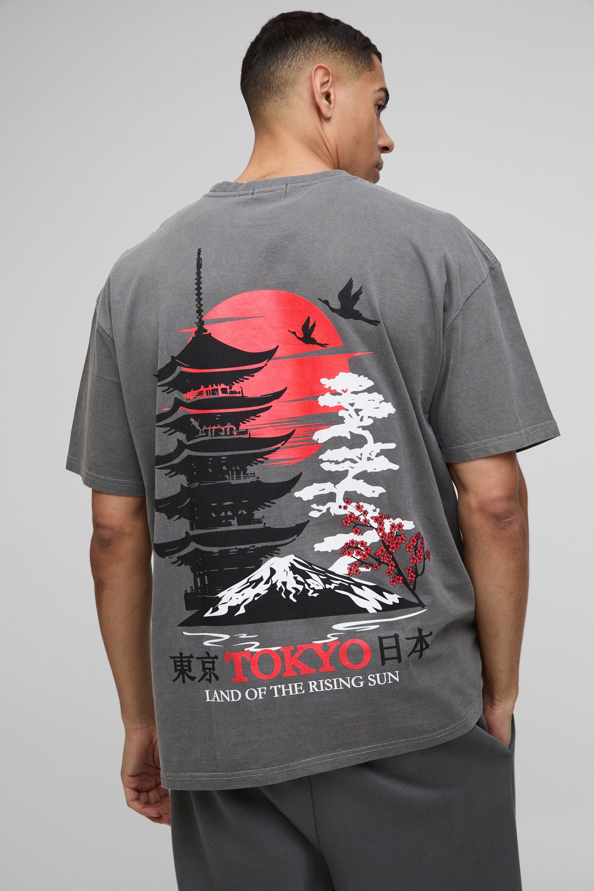 Mens Grey Oversized Tokyo Building Shadow Print Washed T-shirt, Grey