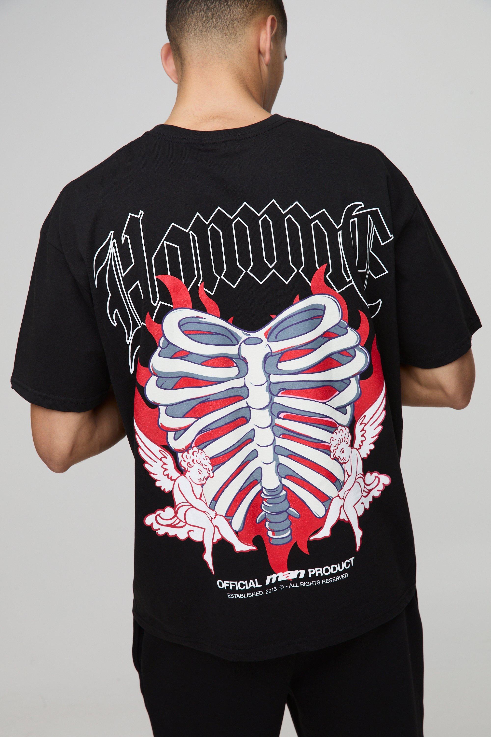 Mens Black Oversized Homme Skeleton Heart Cherub Printed T-Shirt, Black