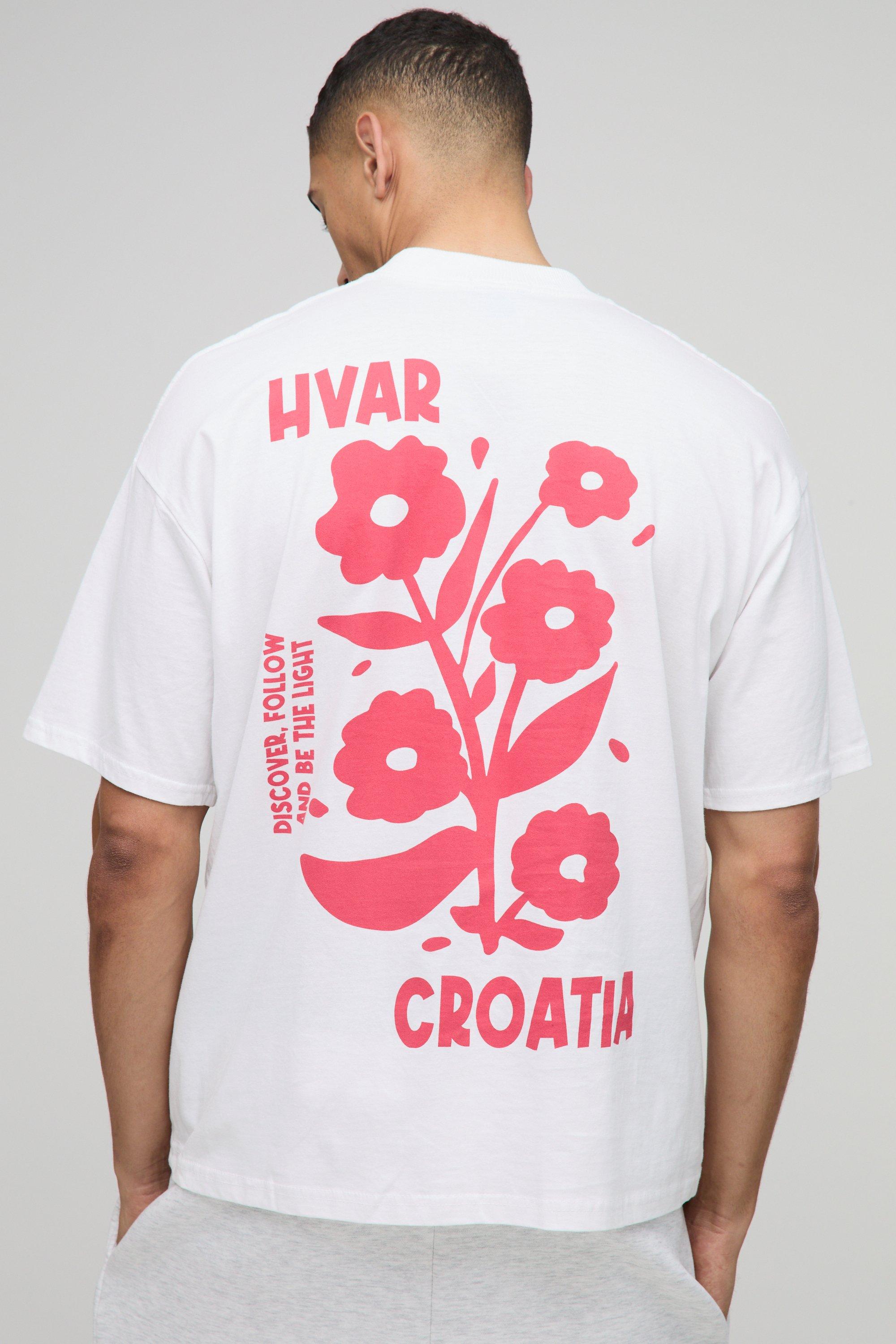 Mens White Oversized Extended Neck Croatia Floral Graphic T-Shirt, White