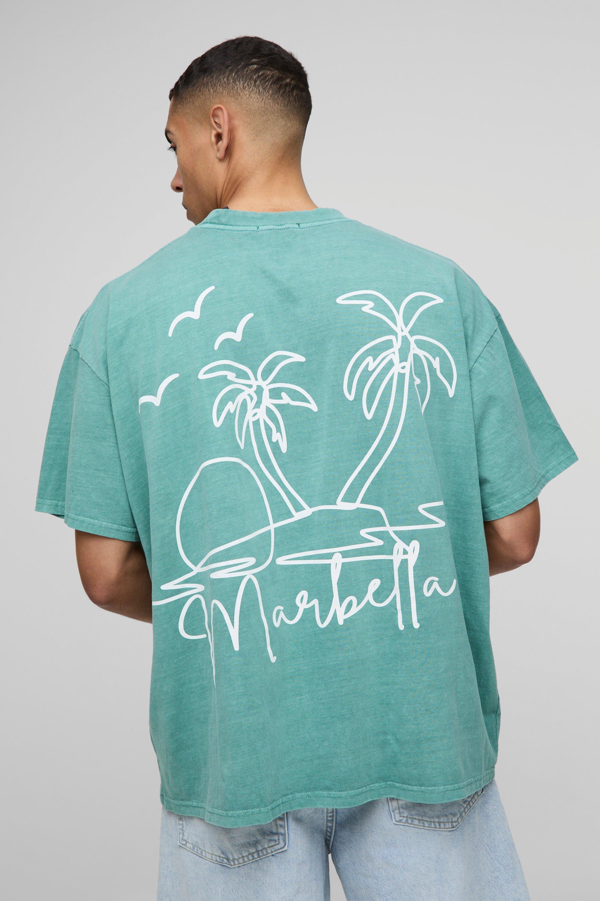 Mens Green Oversized Extended Neck Line Drawn Marbella Graphic Washed T-Shirt, Green