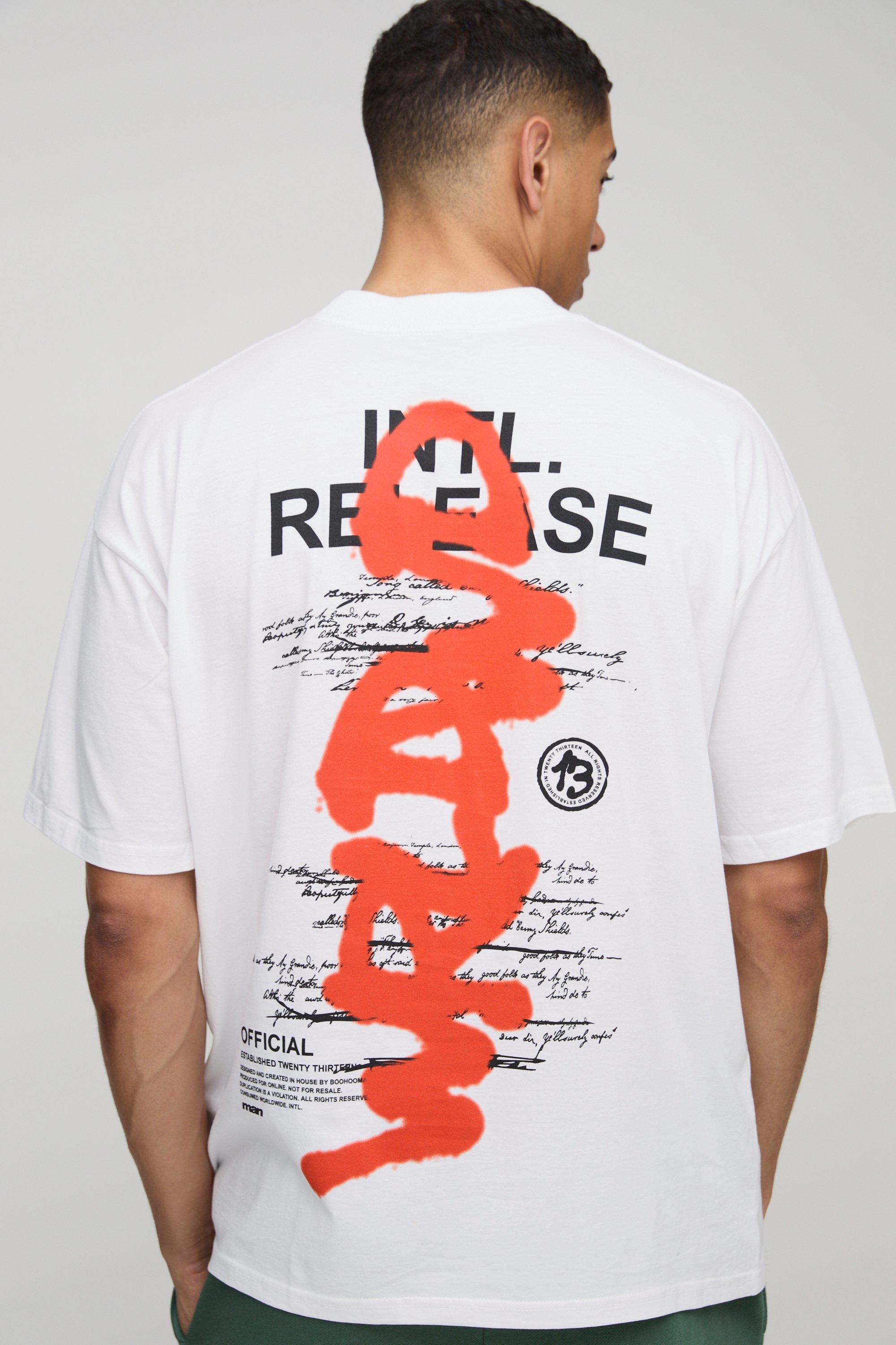 Mens White Oversized Extended Neck Official MAN Graffiti Printed T-Shirt, White