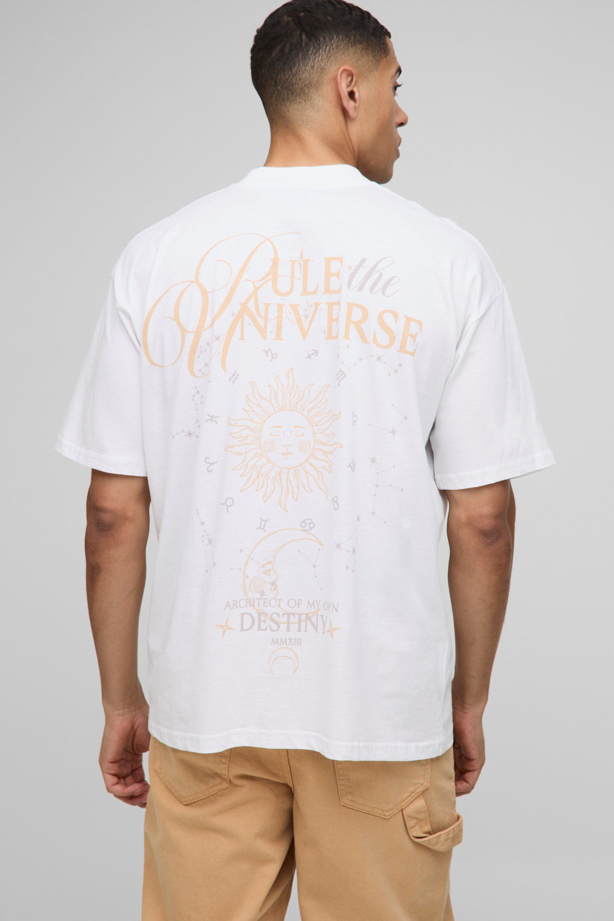 Mens White Oversized Extended Neck Rule The Universe Space Print T-Shirt, White