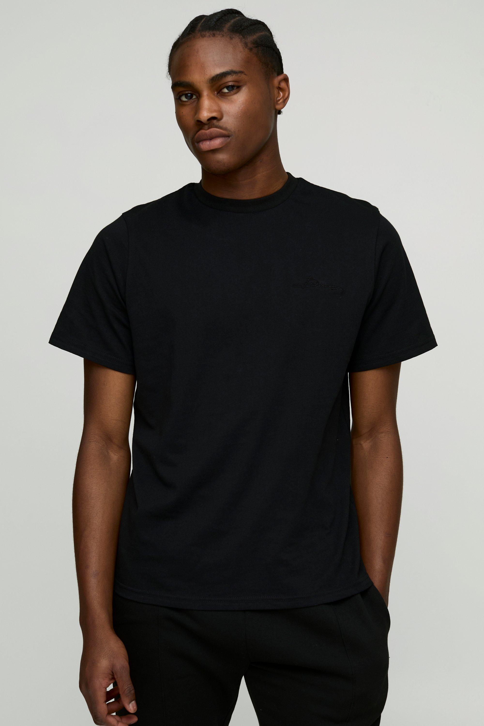 Mens Black BM Signature Embroidered Crew Neck T-shirt, Black