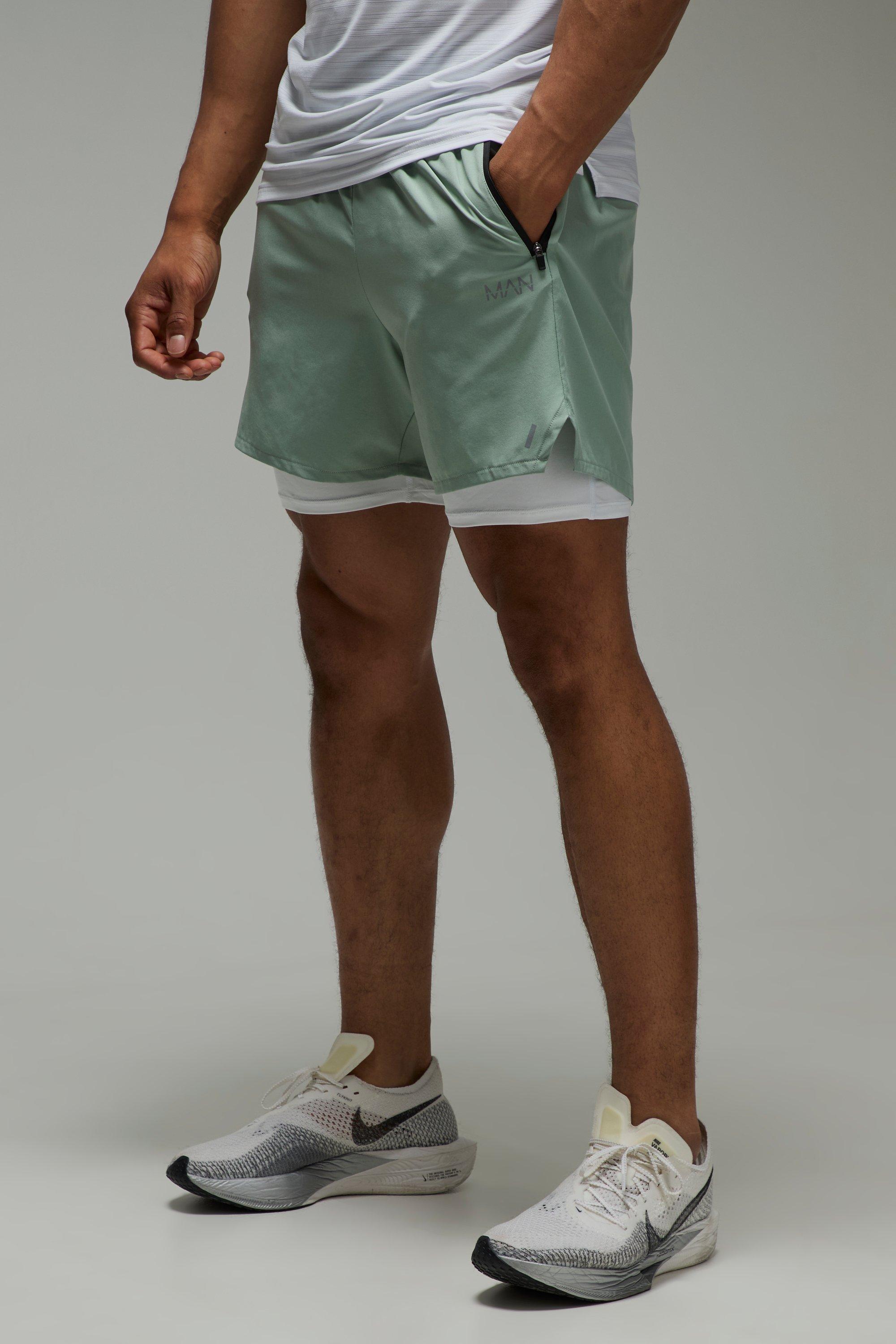 Mens Green Man Active Stretch Woven 2in1 Shorts, Green