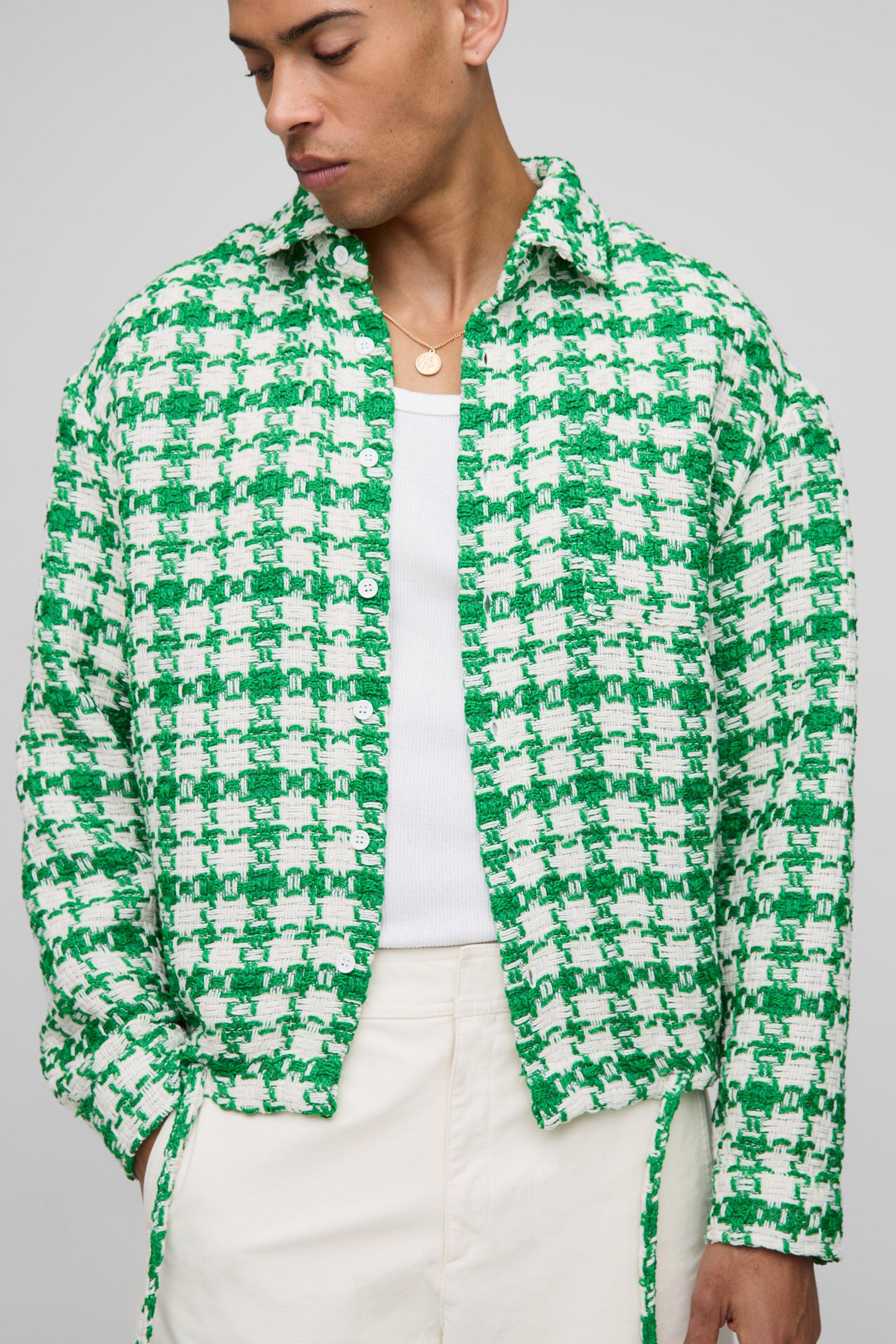 Image of Sovracamicia oversize a quadri in bouclé con fermacorde sul fondo, Verde