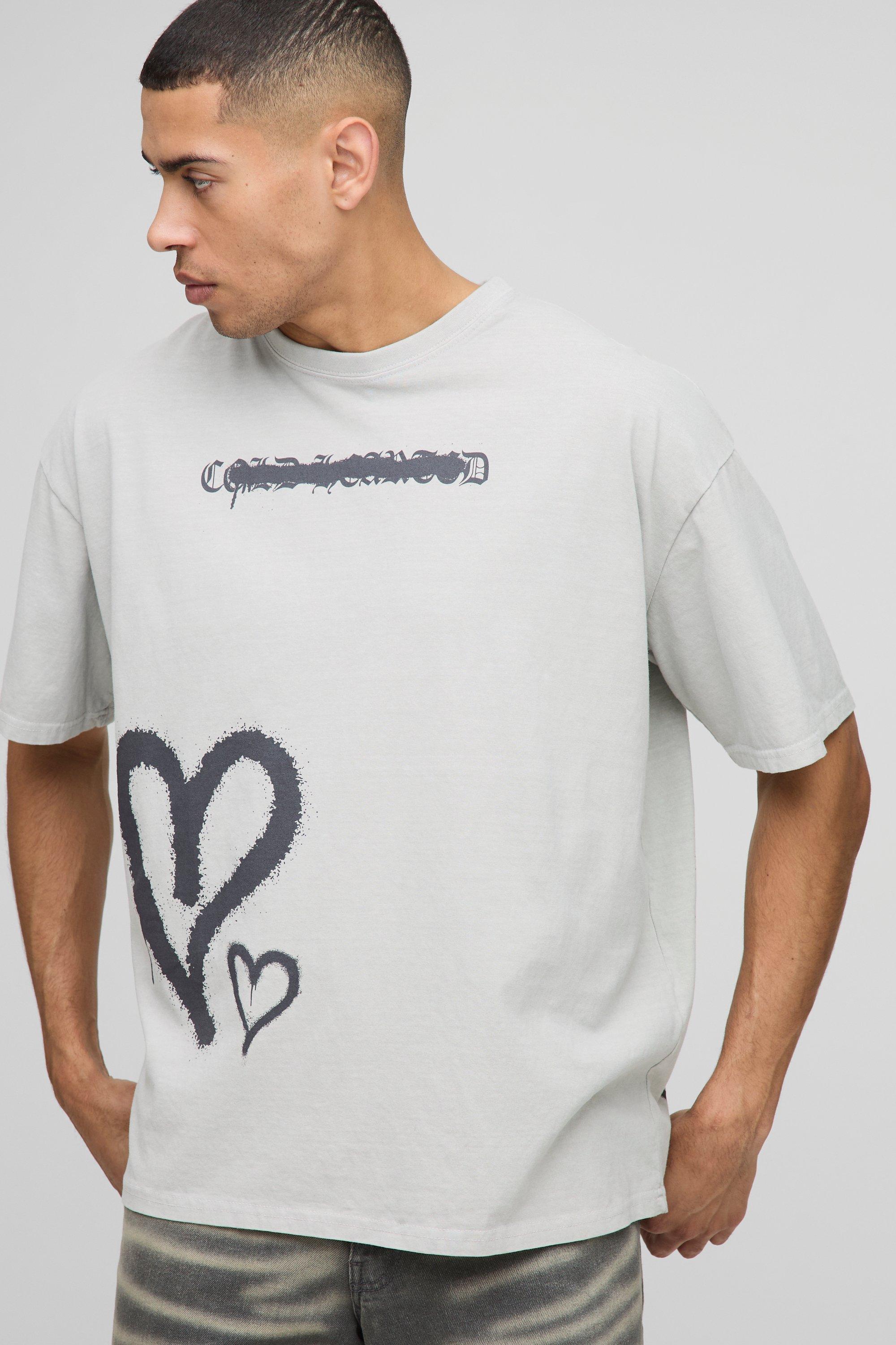 Mens Grey Oversized Graffiti Heart Graphic Washed T-Shirt, Grey