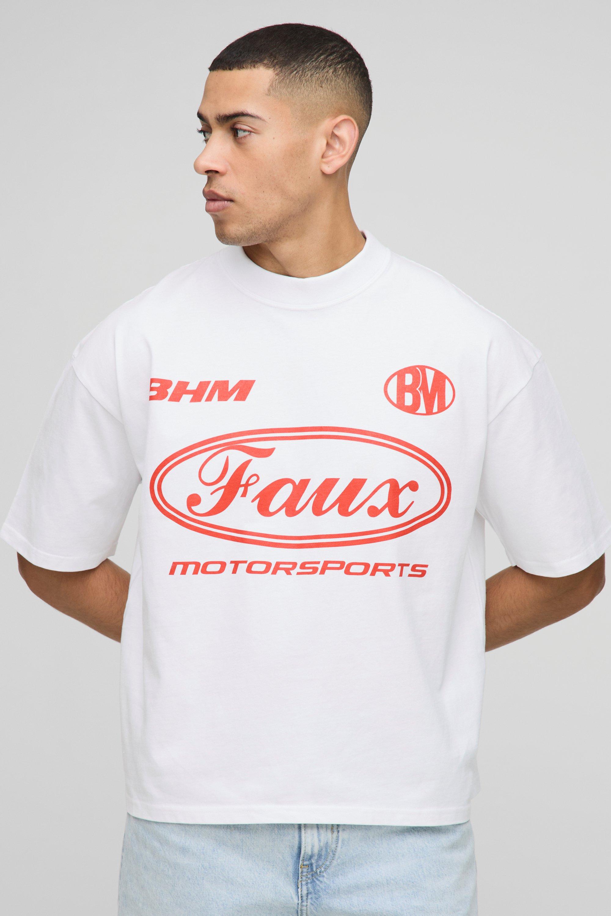 Image of T-shirt squadrata oversize con grafica sintetica di moto e girocollo esteso, Bianco