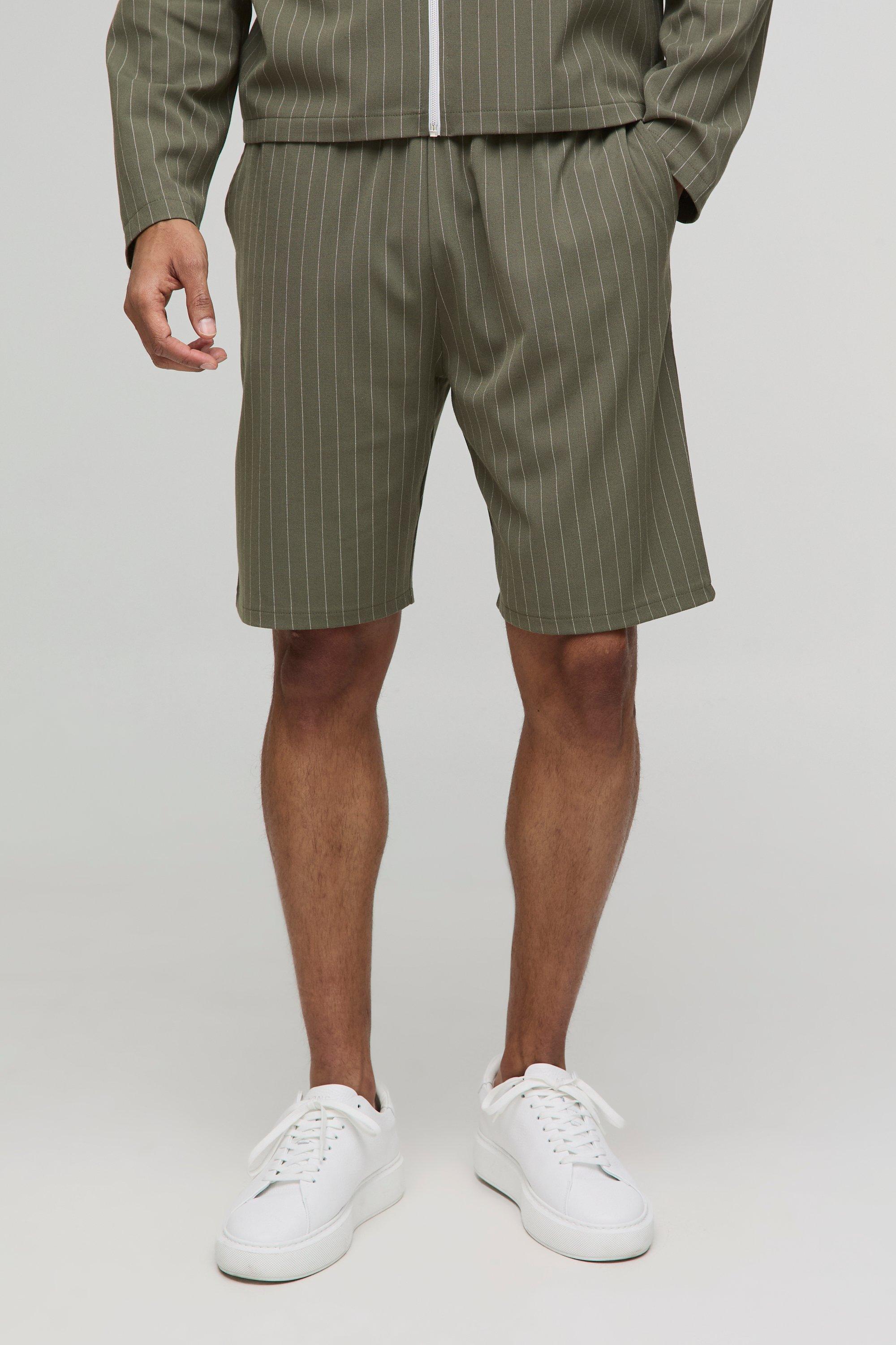 Mens Green Relaxed Fit Striped Shorts, Green
