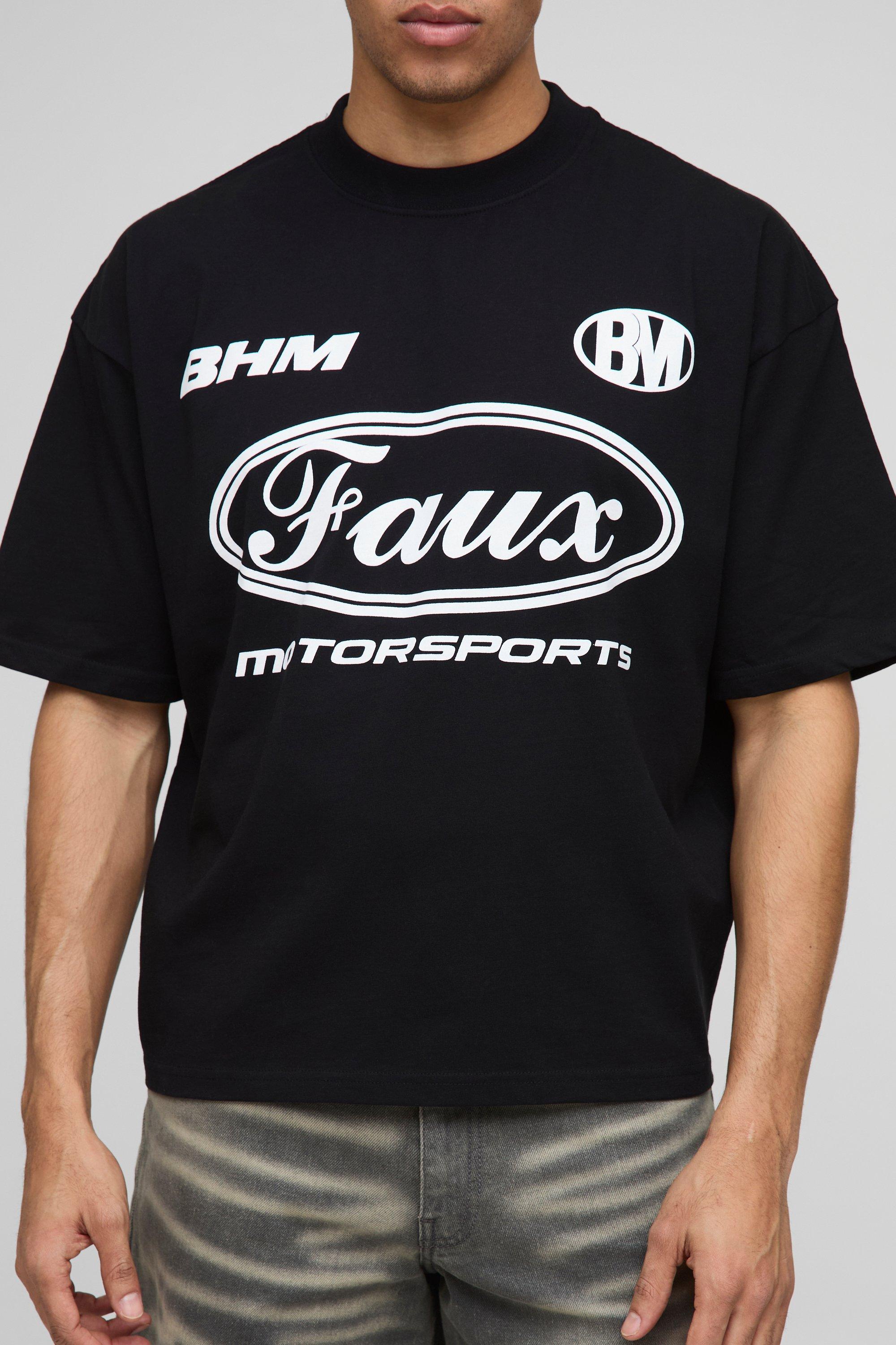Mens Black Oversized Boxy Extended Neck Moto Faux Graphic T-Shirt, Black
