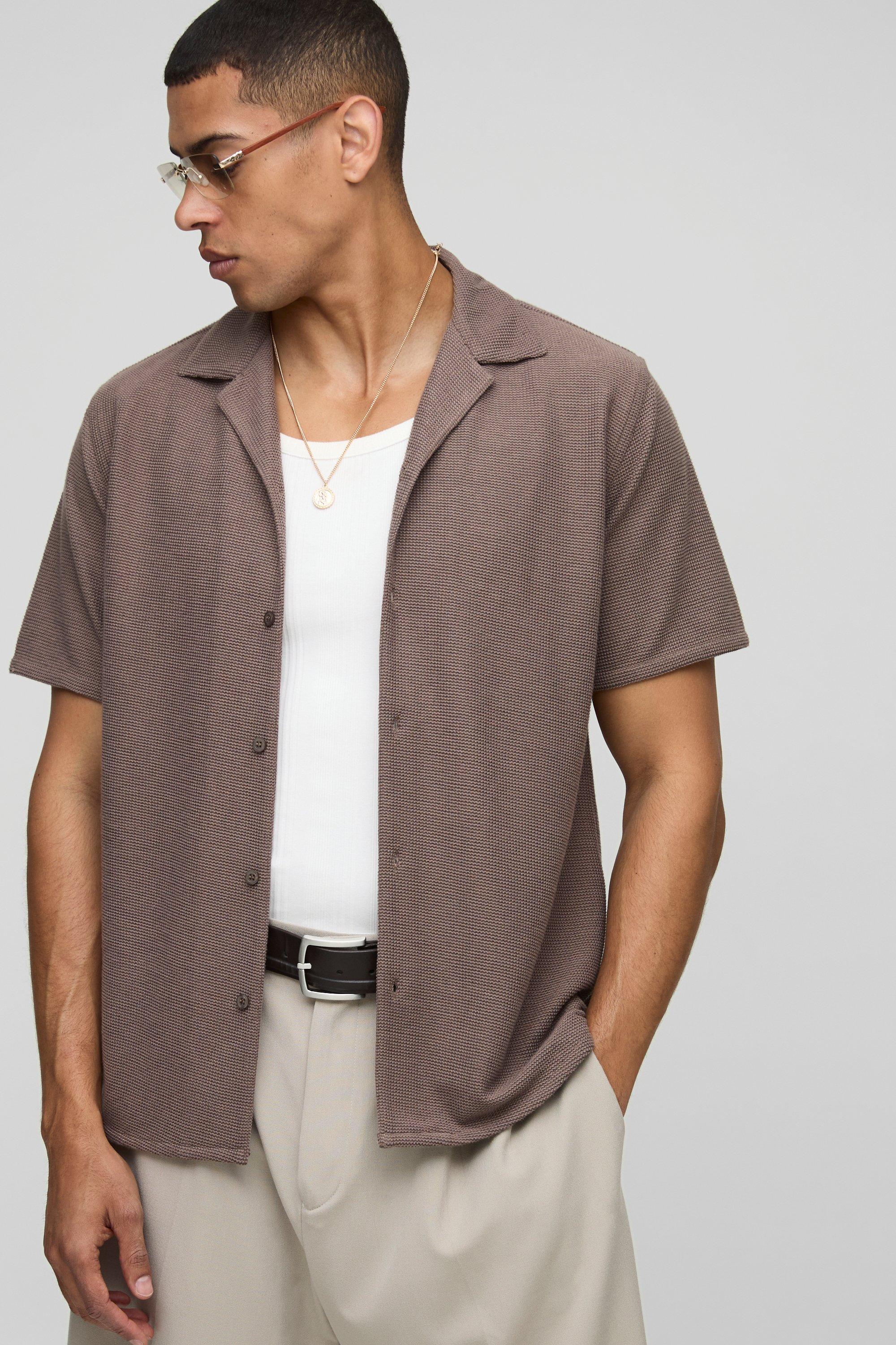 Mens Beige Regular Fit Honeycomb Waffle Revere Shirt, Beige