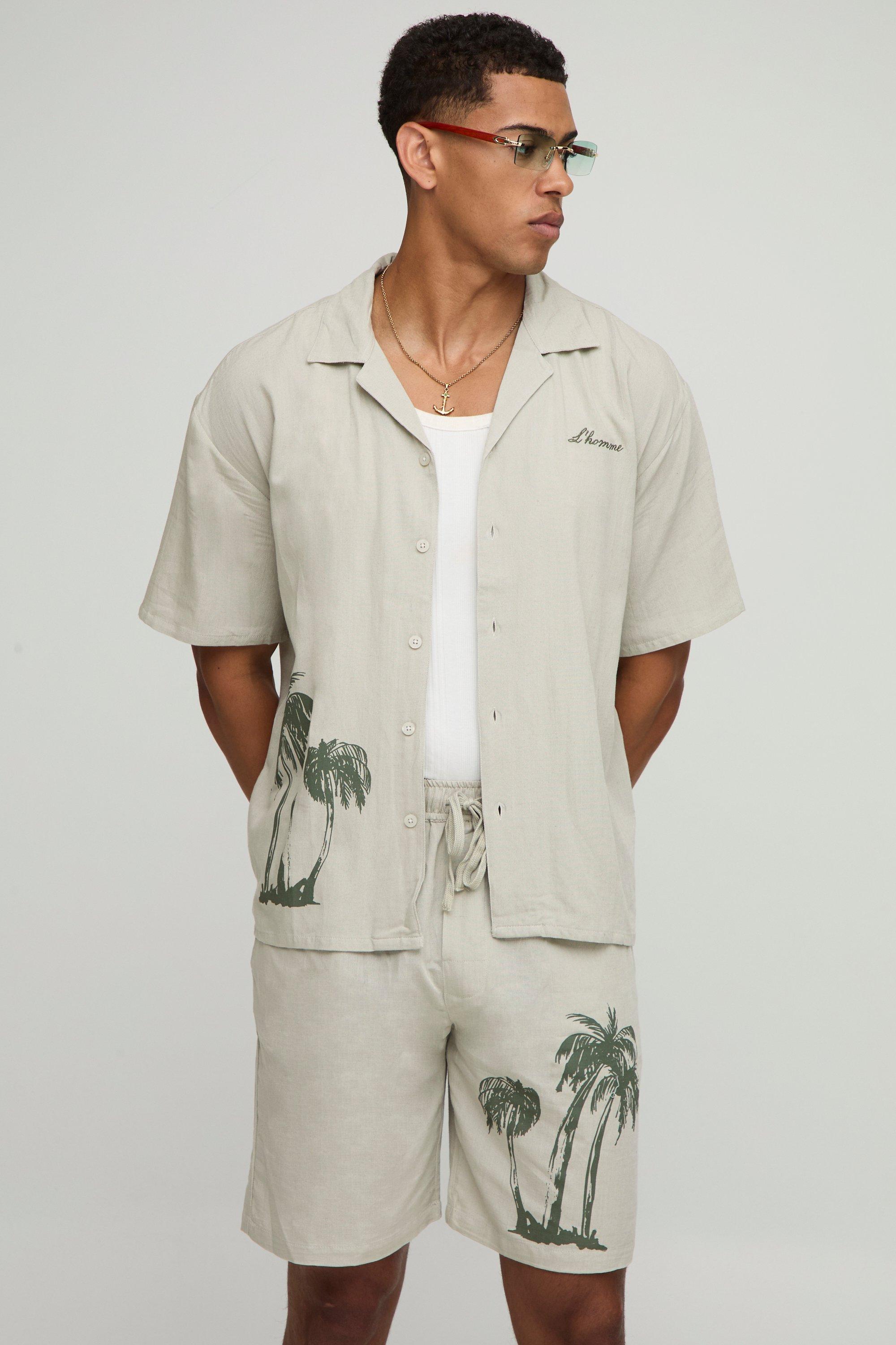 Mens Beige Oversized Palm Tree Print Linen Look Shirt & Short Set, Beige
