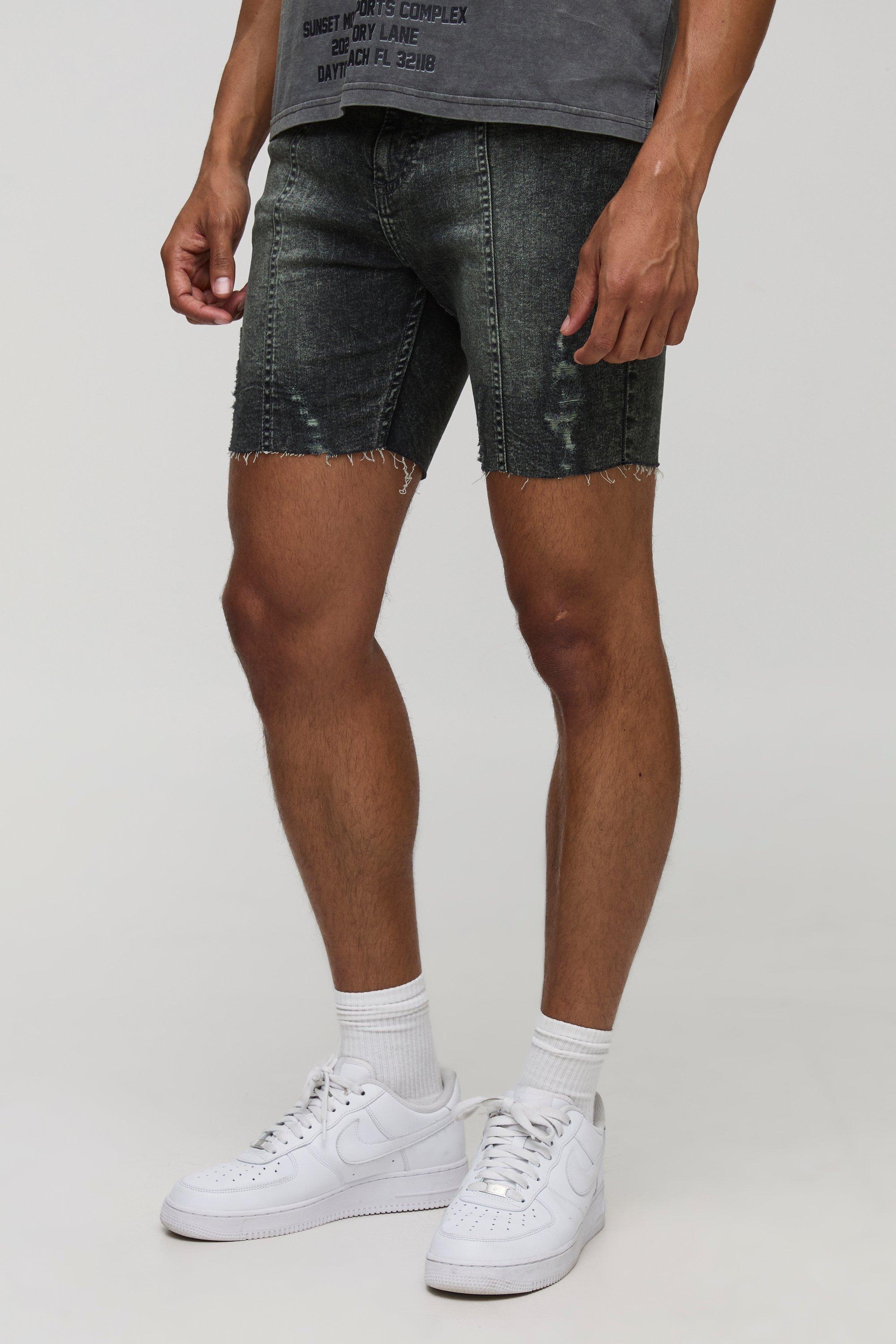 Skinny Stretch Ripped Pintuck Tinted Denim Short