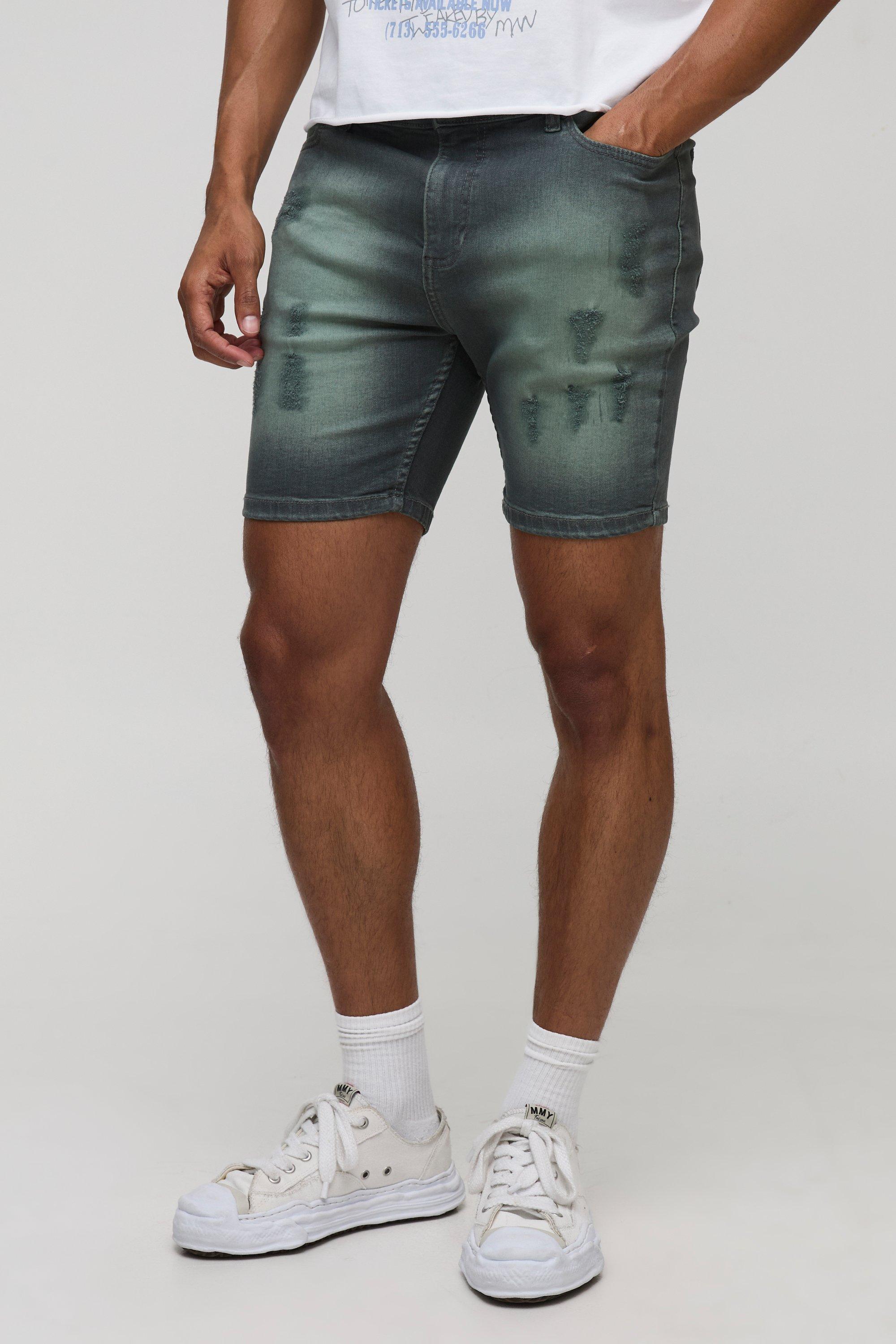 Skinny Stretch Ripped Tinted Denim Shorts