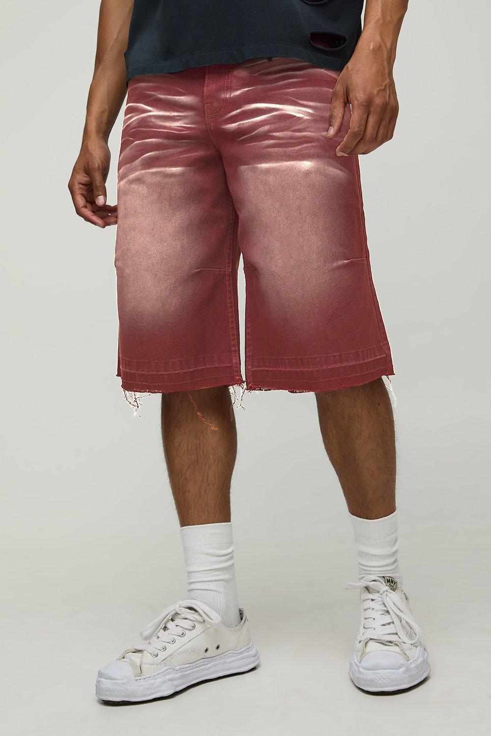 Image of Longline Extreme Washed Denim Jorts, Rosso