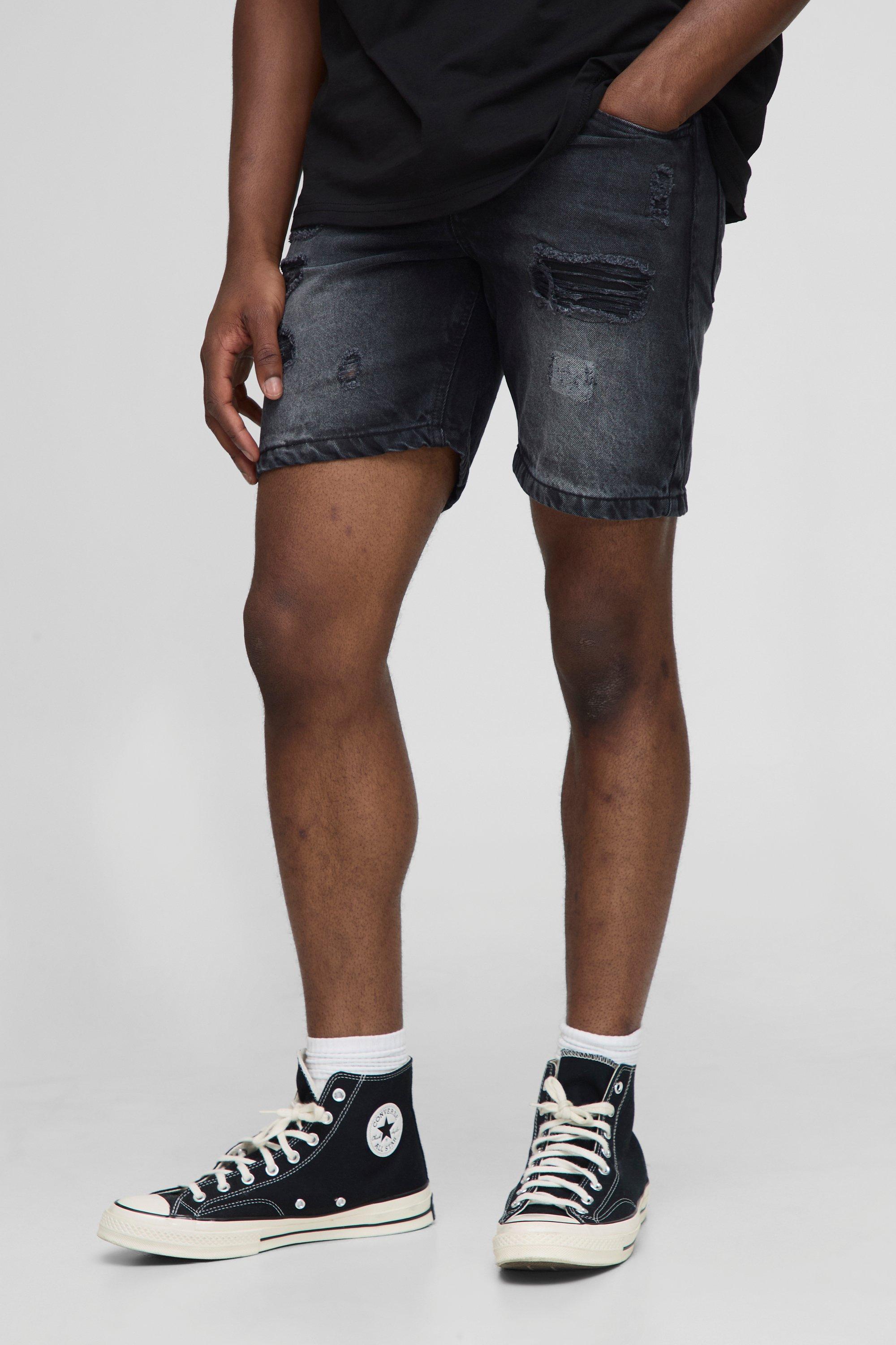 Mens Black Slim Rigid Rip & Repair Denim Shorts, Black