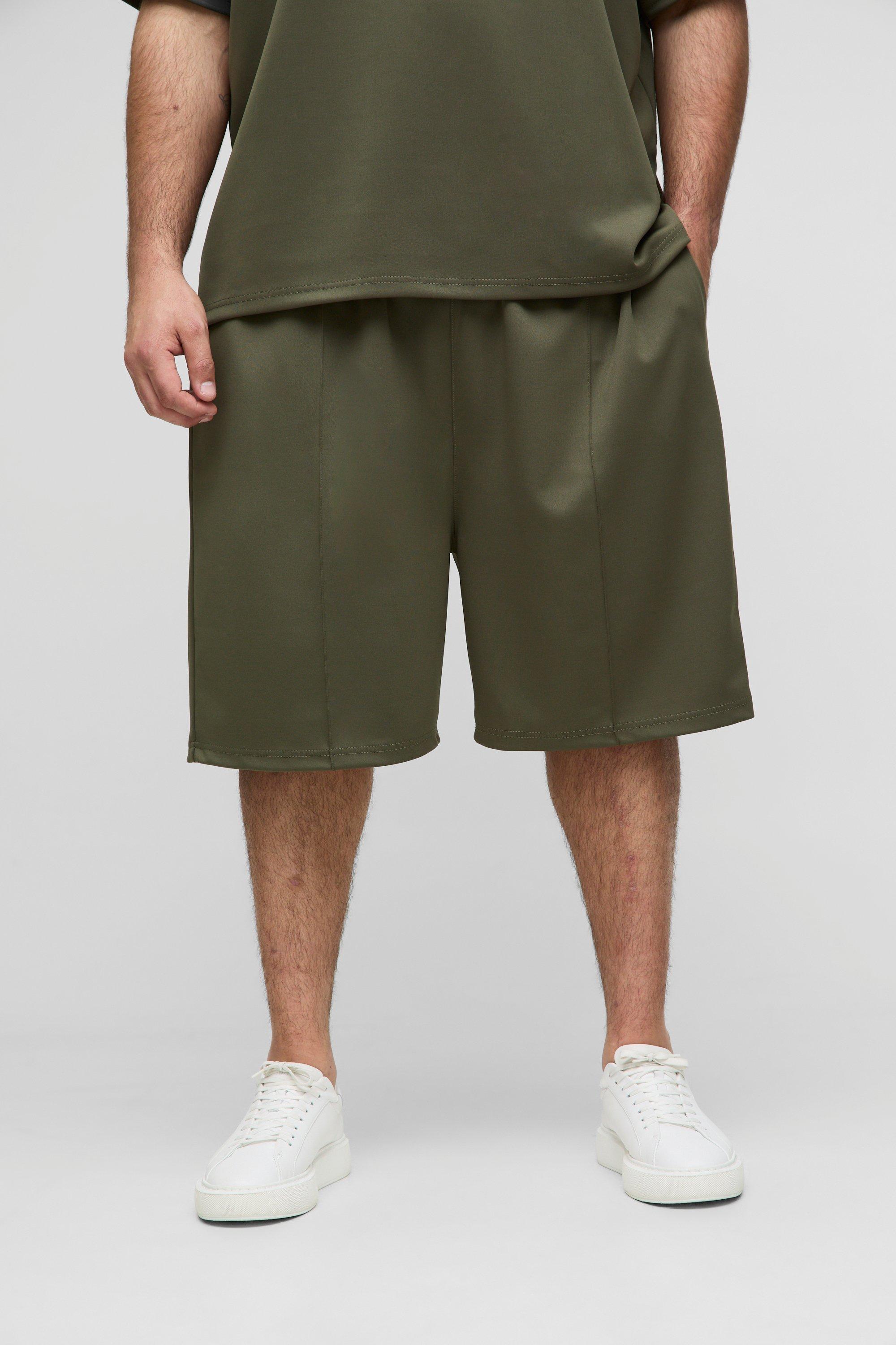 Mens Green Plus Oversized Pintuck Dropped Crotch Scuba Shorts, Green