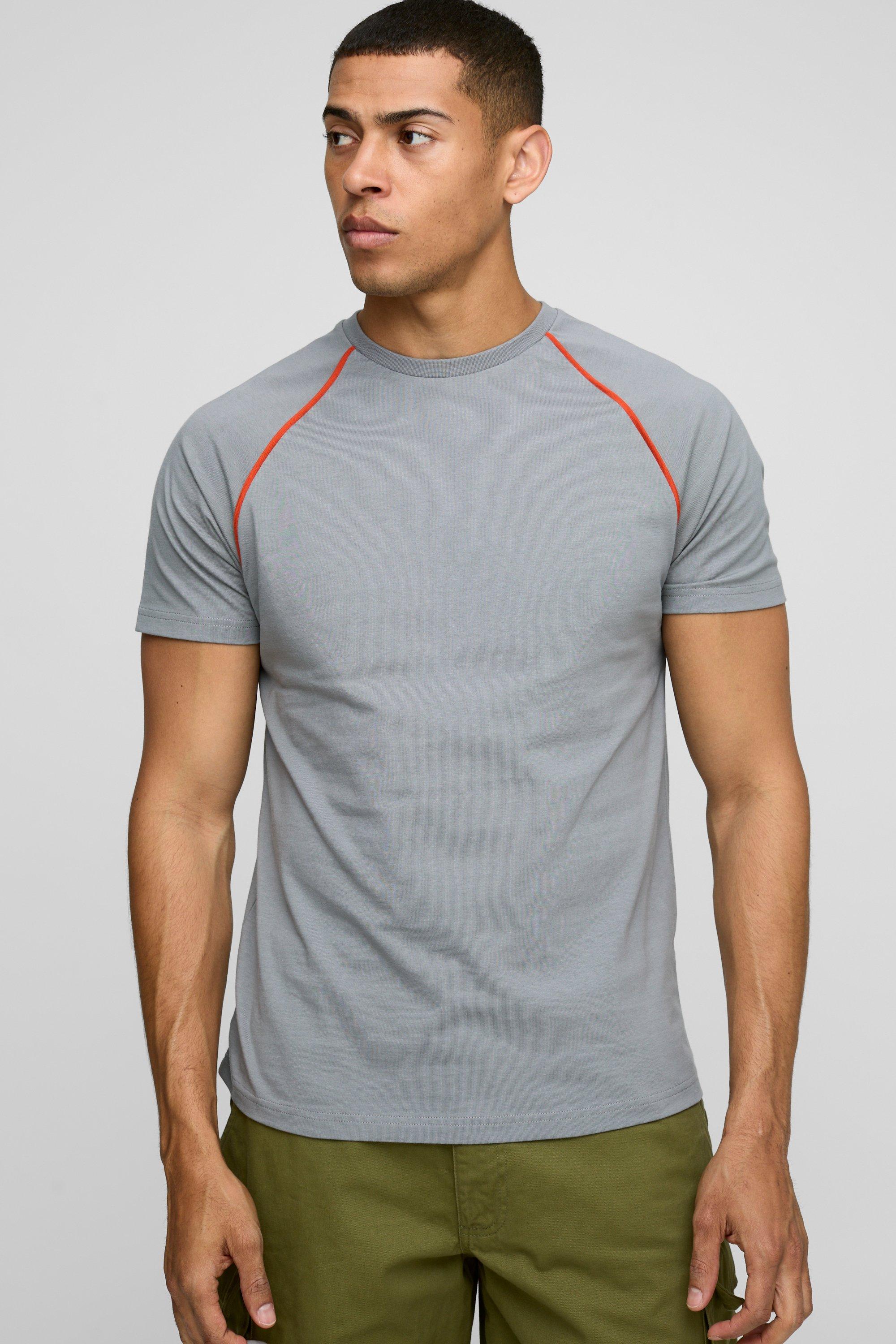 Mens Grey Regular Fit Contrast Piping T-Shirt, Grey
