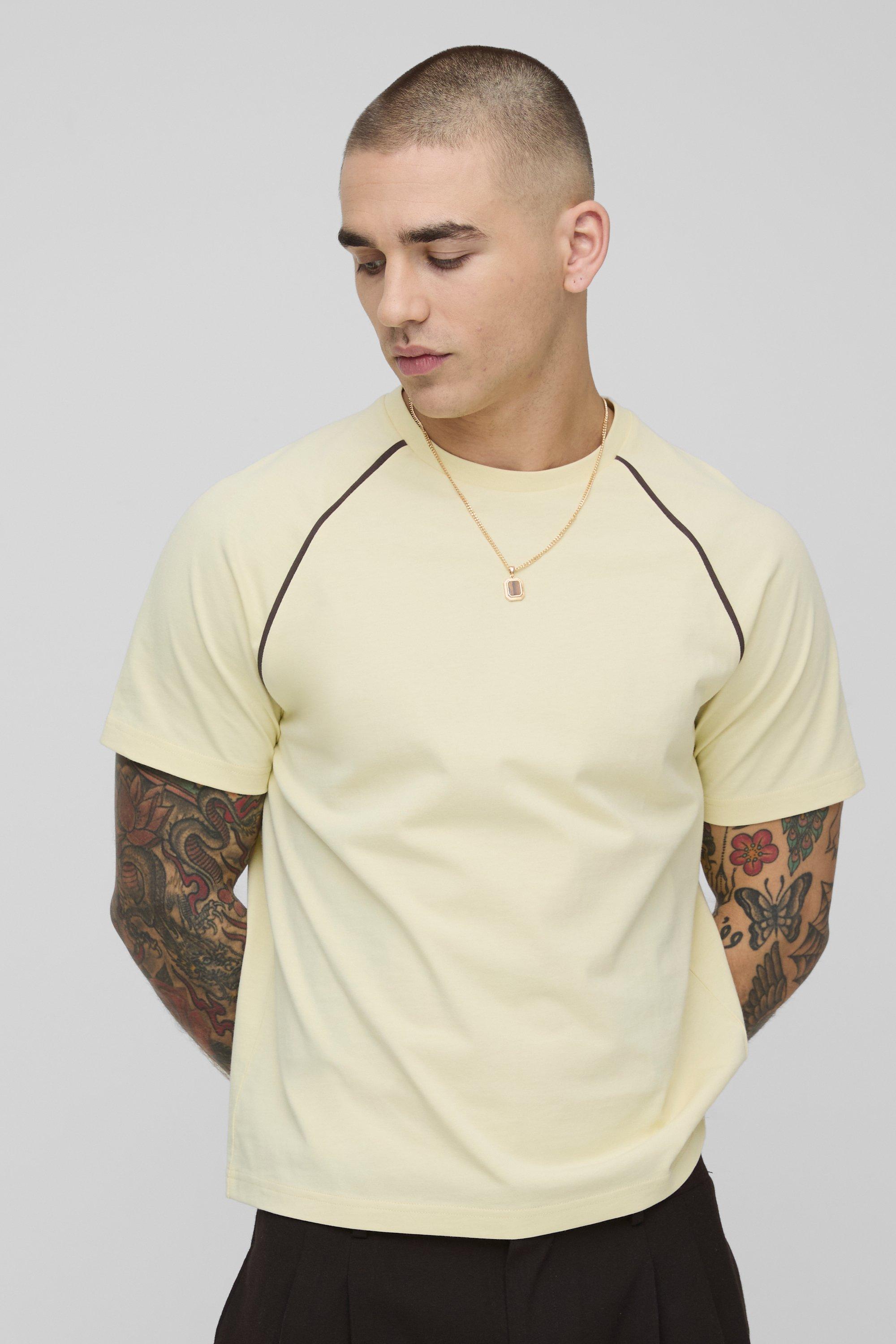 Mens Yellow Boxy Contrast Piping T-Shirt, Yellow