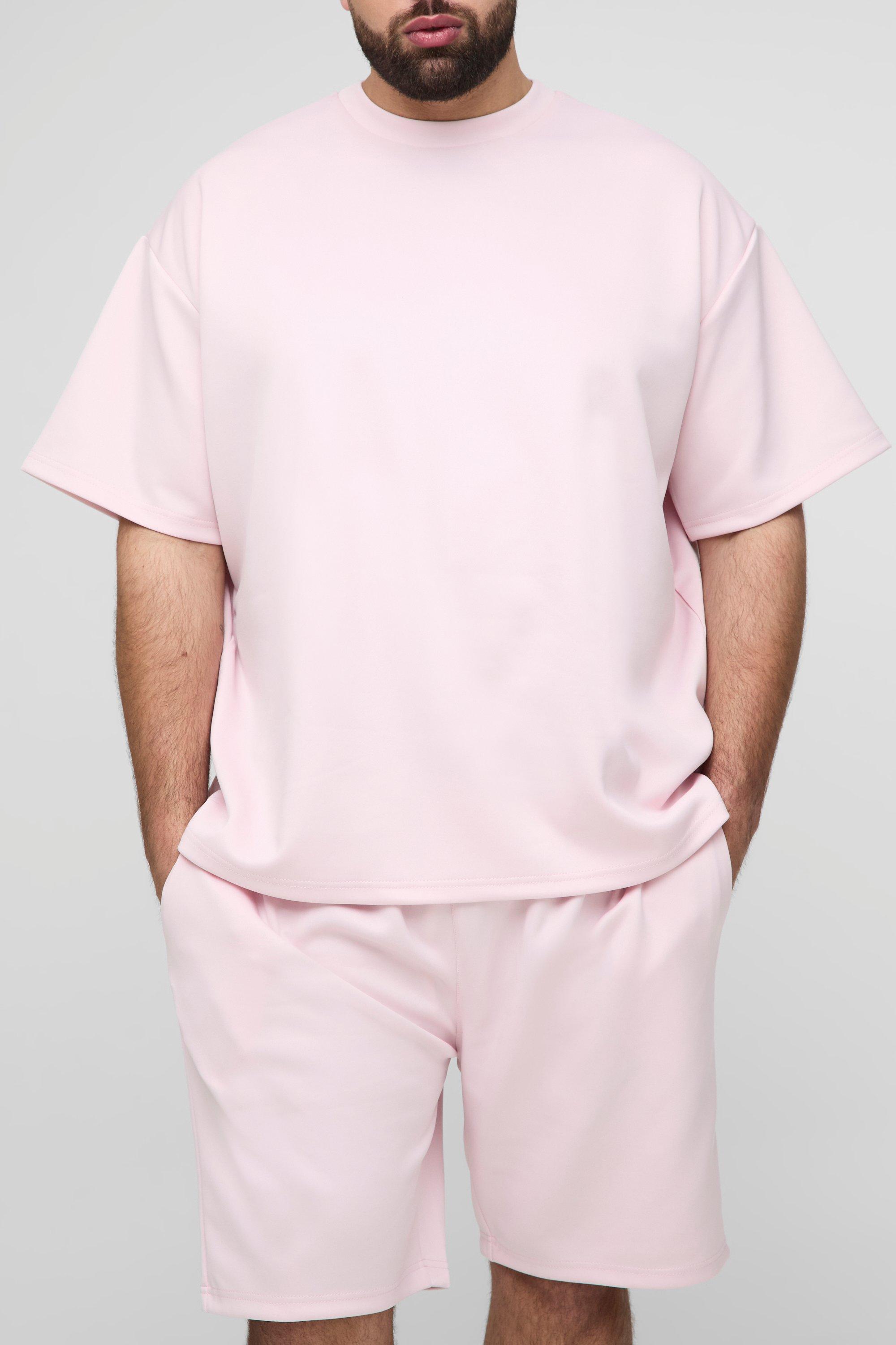 Mens Pink Plus Oversized Scuba T-Shirt & Loose Short Set, Pink