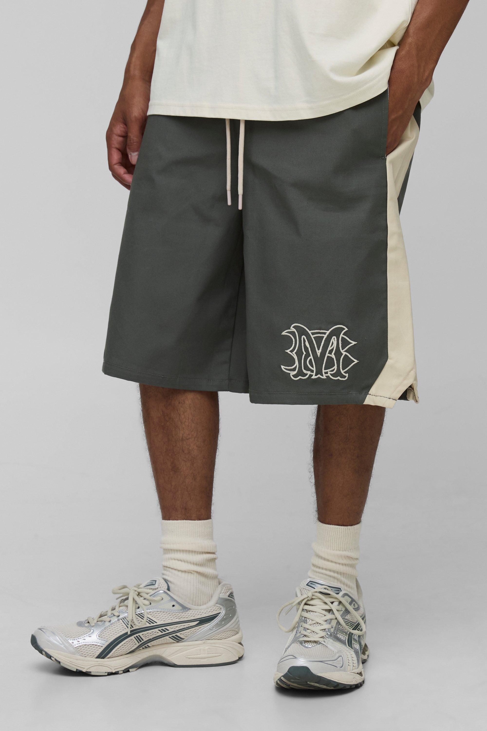 Mens Green Elasticated Waist Relaxed Fit Long Length Embroidery Bermuda Shorts, Green