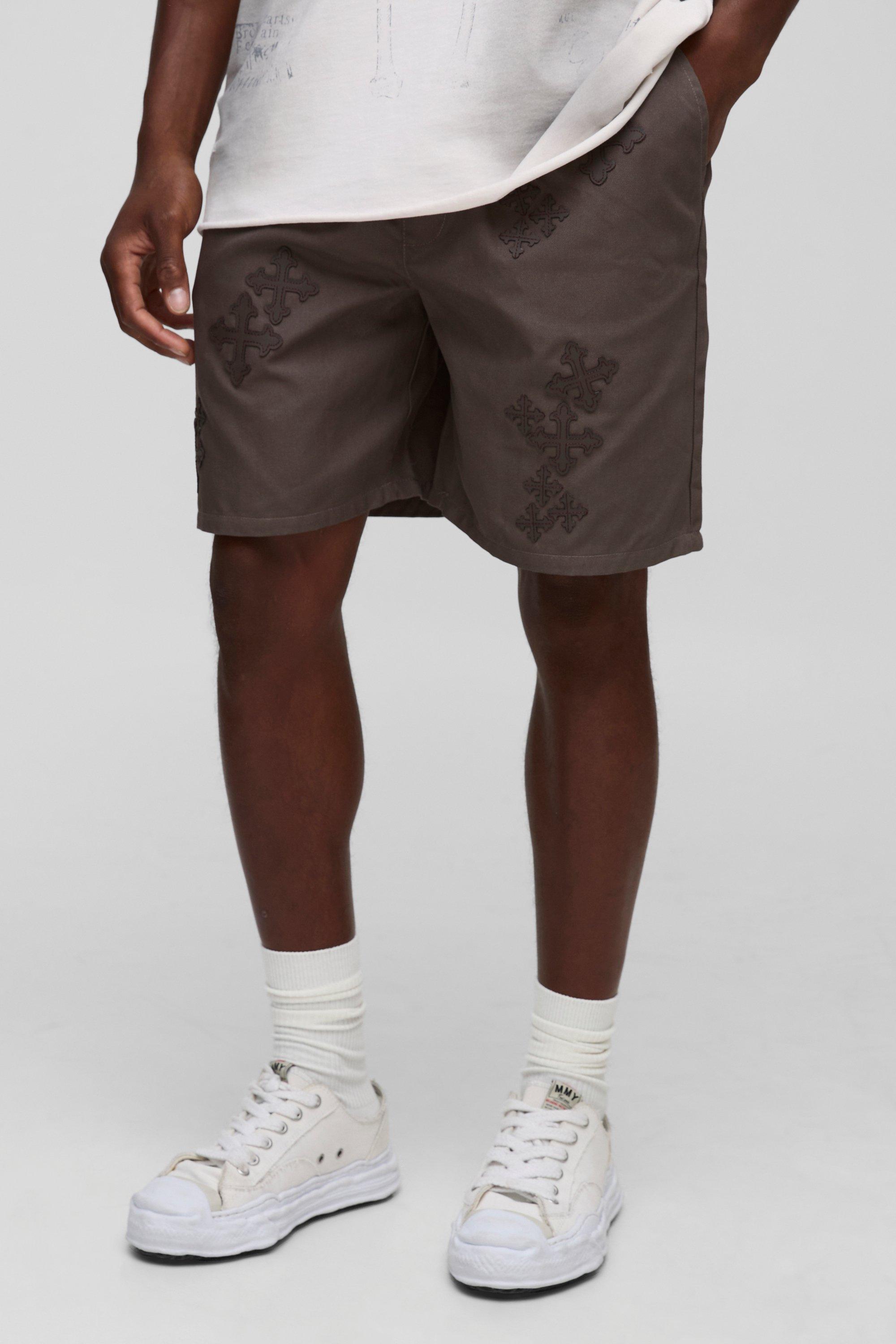 Mens Brown Elasticated Waist Relaxed Fit Cross Applique Shorts, Brown