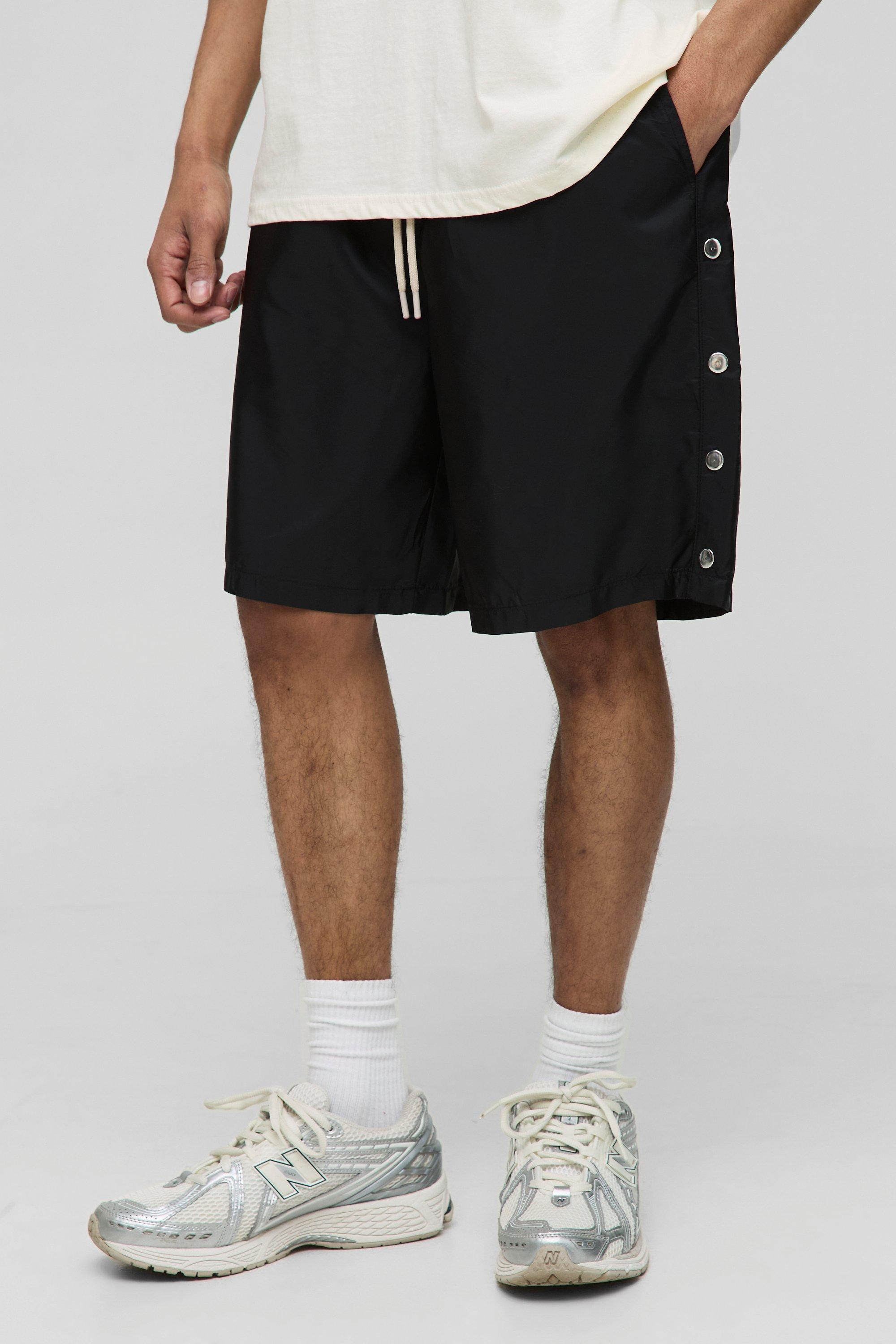 Mens Black Elasticated Waist Relaxed Fit Nylon Popper Detail Shorts, Black