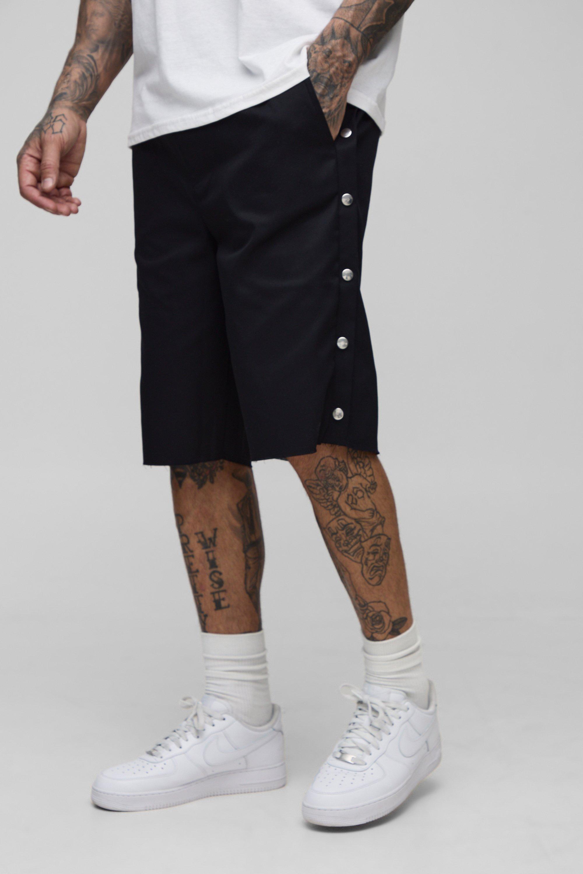 Mens Black Tall Relaxed Fit Popper Side Drawcord Shorts, Black