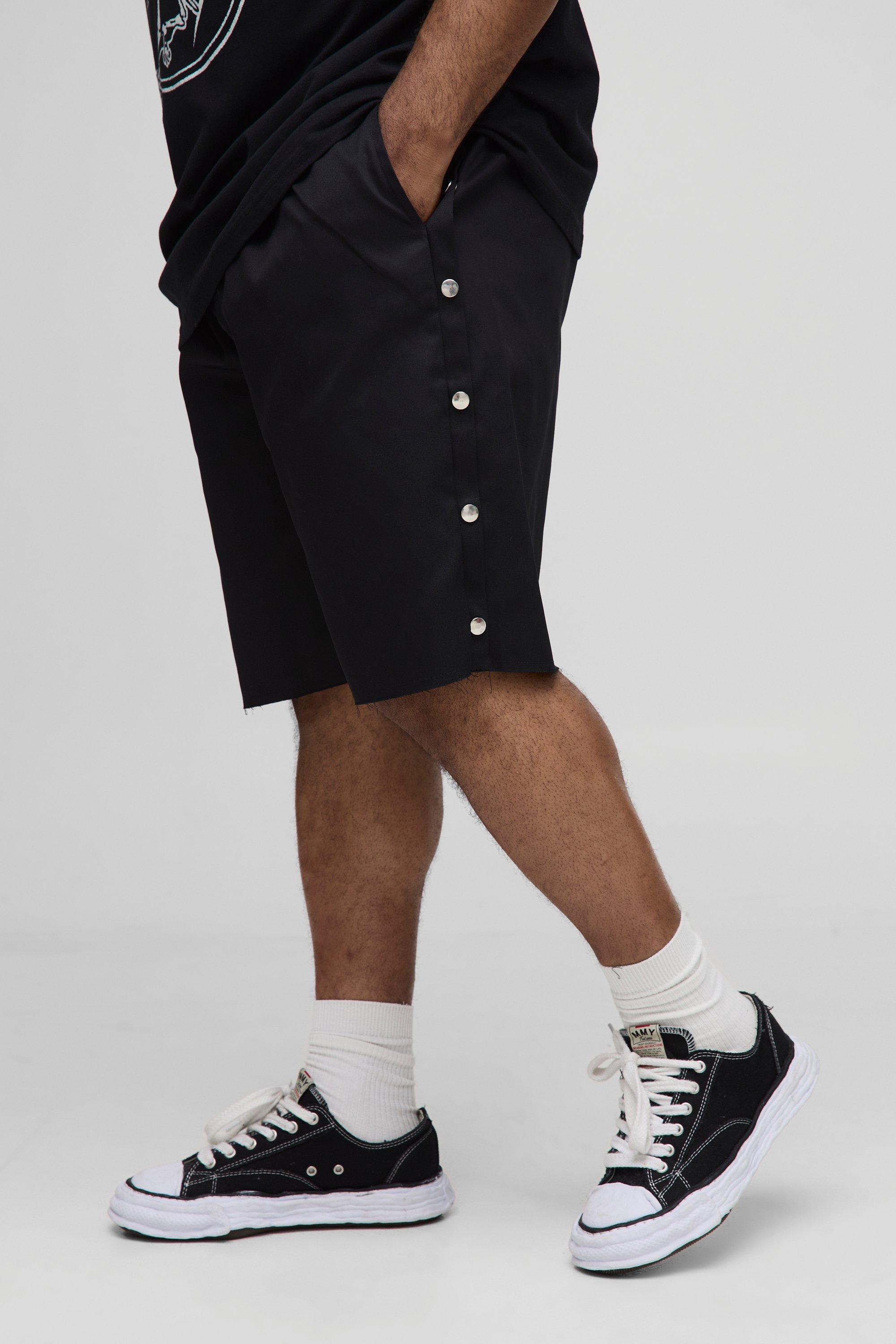 Mens Black Plus Relaxed Fit Popper Side Drawcord Shorts, Black