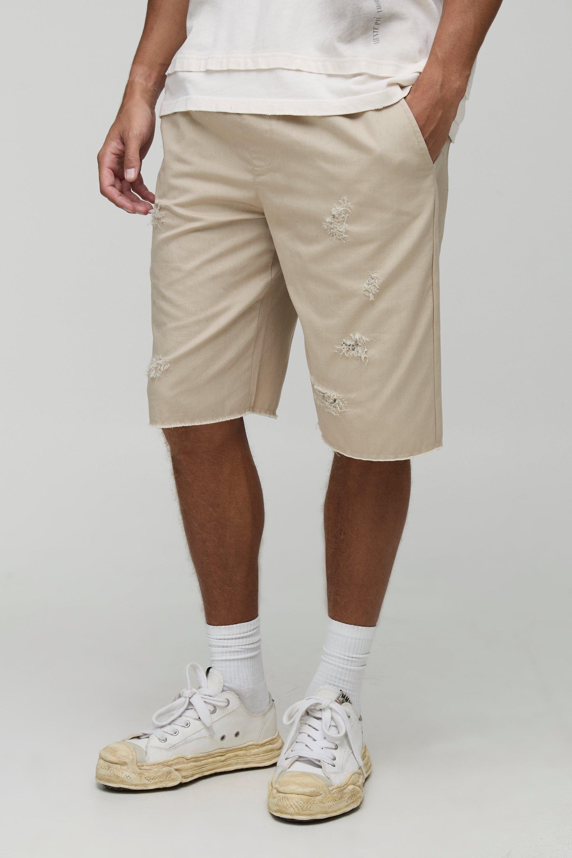 Mens Beige Tall Relaxed Fit Distressed Raw Hem Shorts, Beige