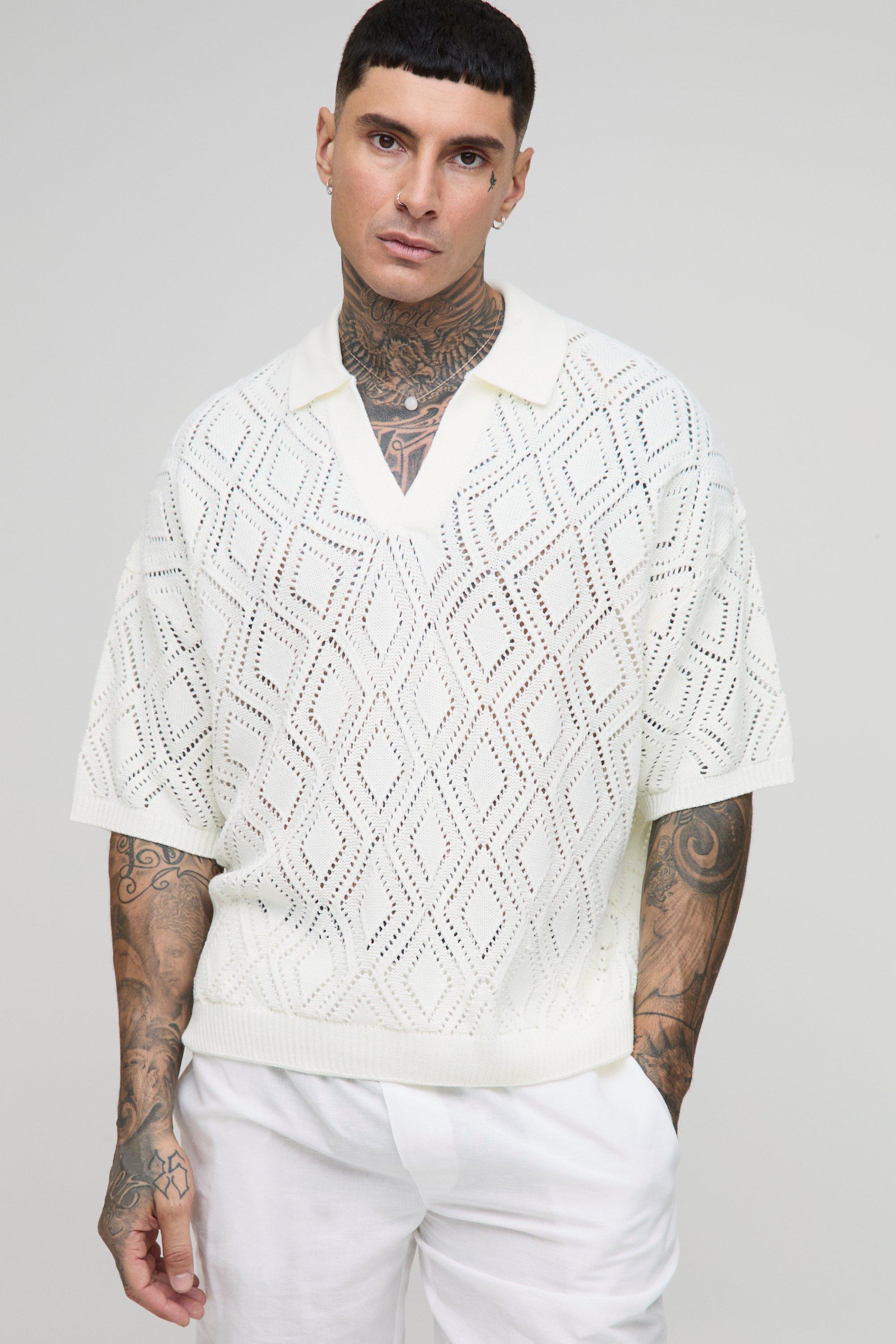 Mens Cream Tall Short Sleeve Boxy Fit Revere Open Knit Polo, Cream