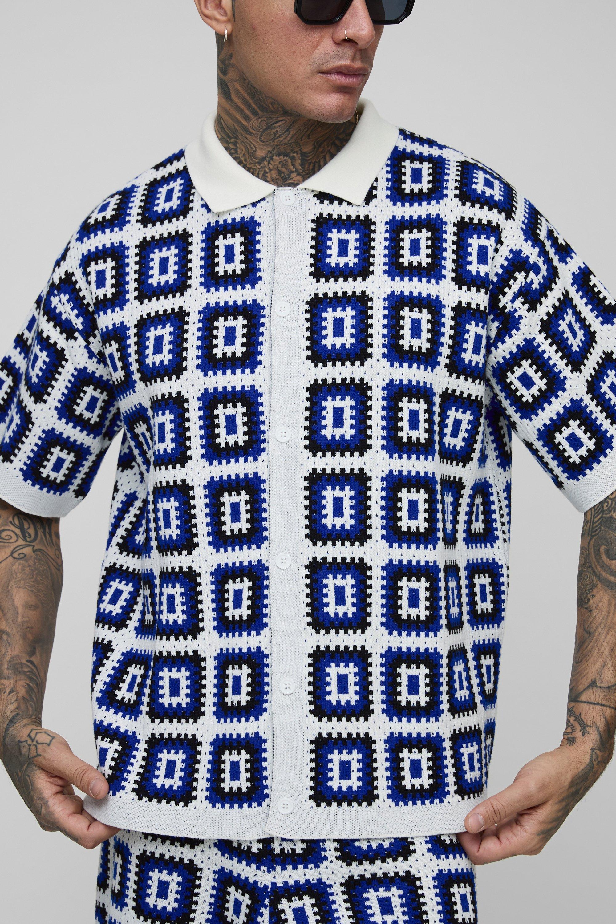 Mens Tall Oversized Boxy Crochet Knit Shirt In White, White