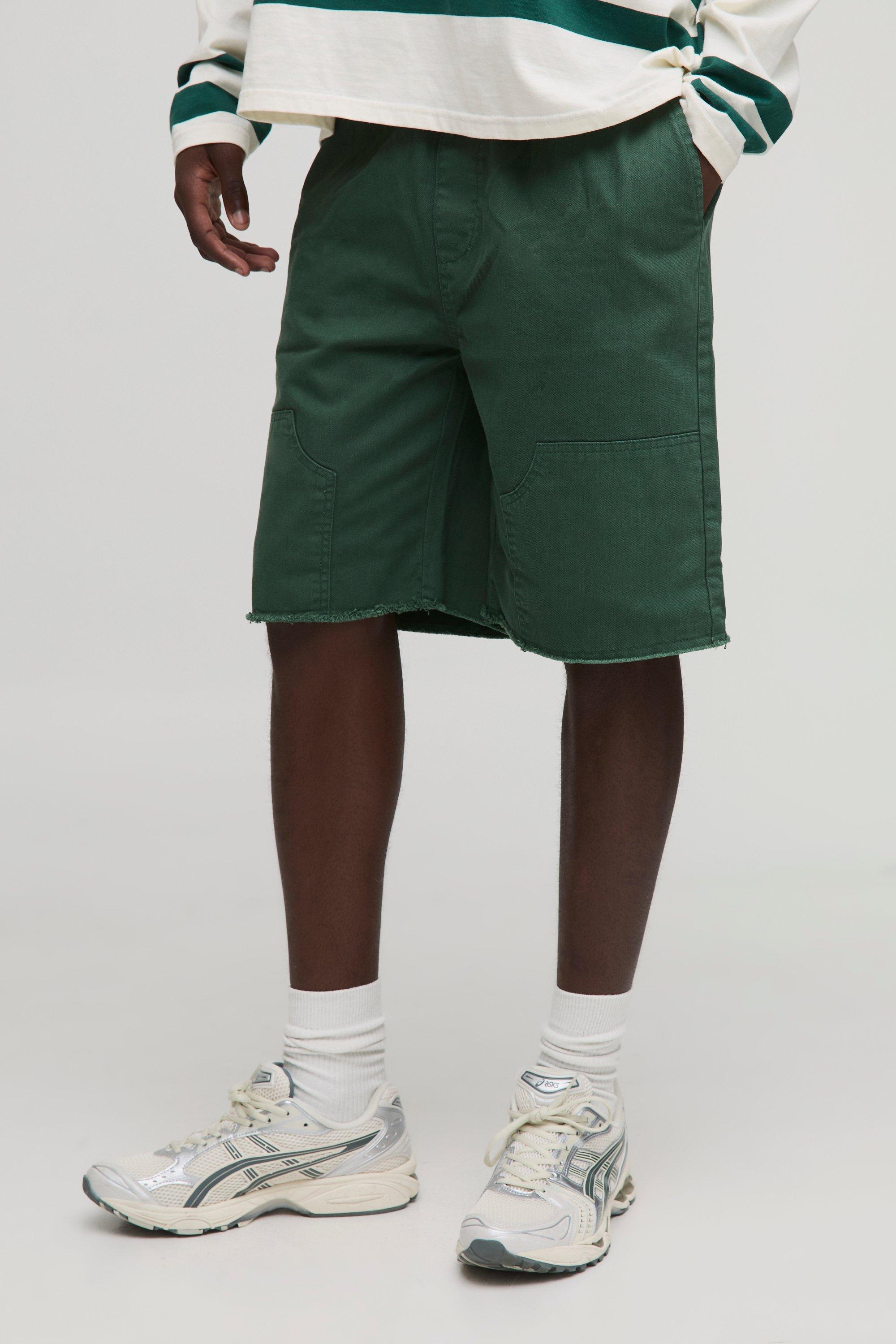 Image of Elasticated Waist Relaxed Distressed Carpenter Shorts, Verde