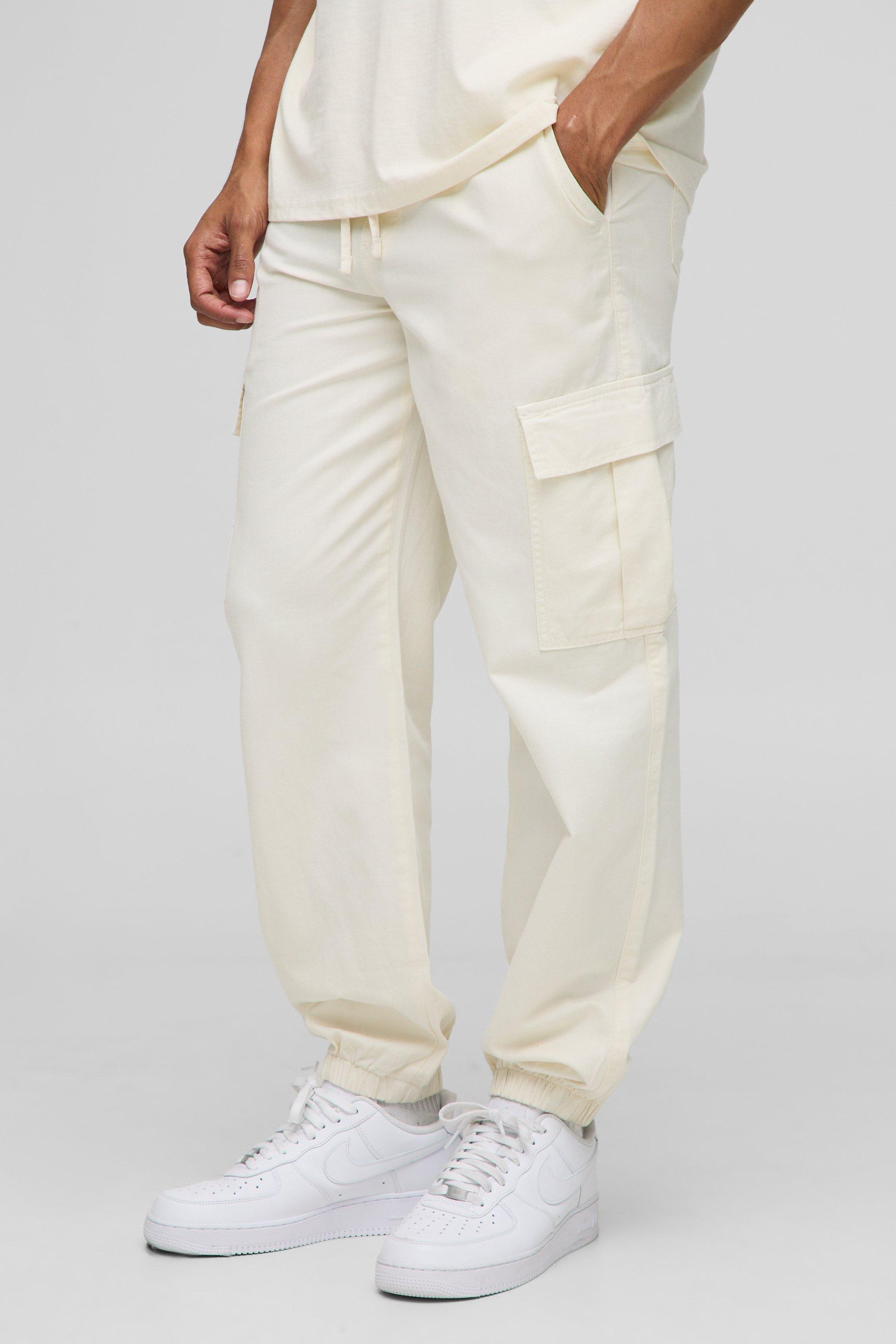 Mens Cream Relaxed Fit Lightweight Chino Cargo Trousers, Cream