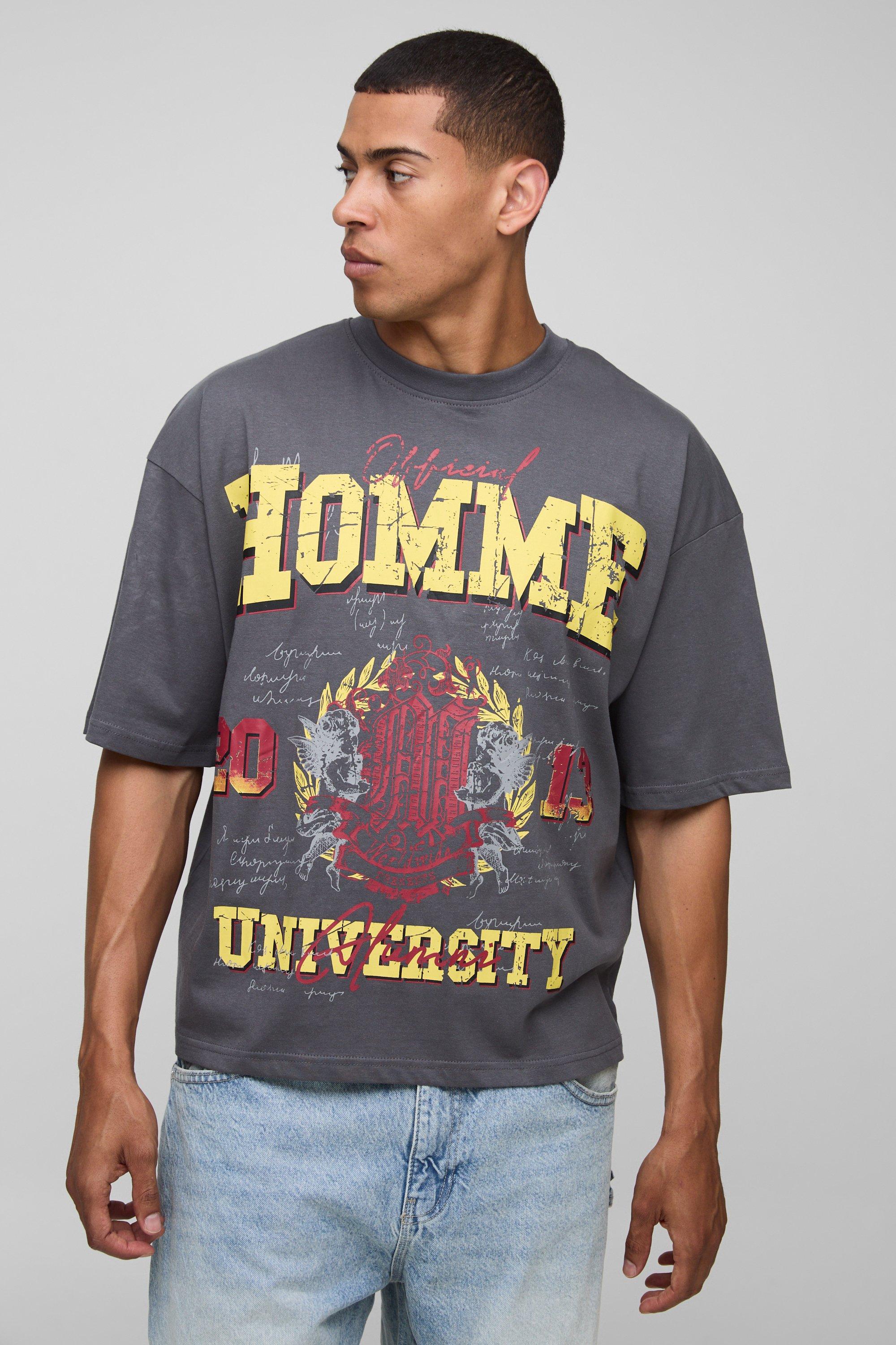 Mens Grey Oversized Boxy Homme Varsity Large Scale Printed T-Shirt, Grey