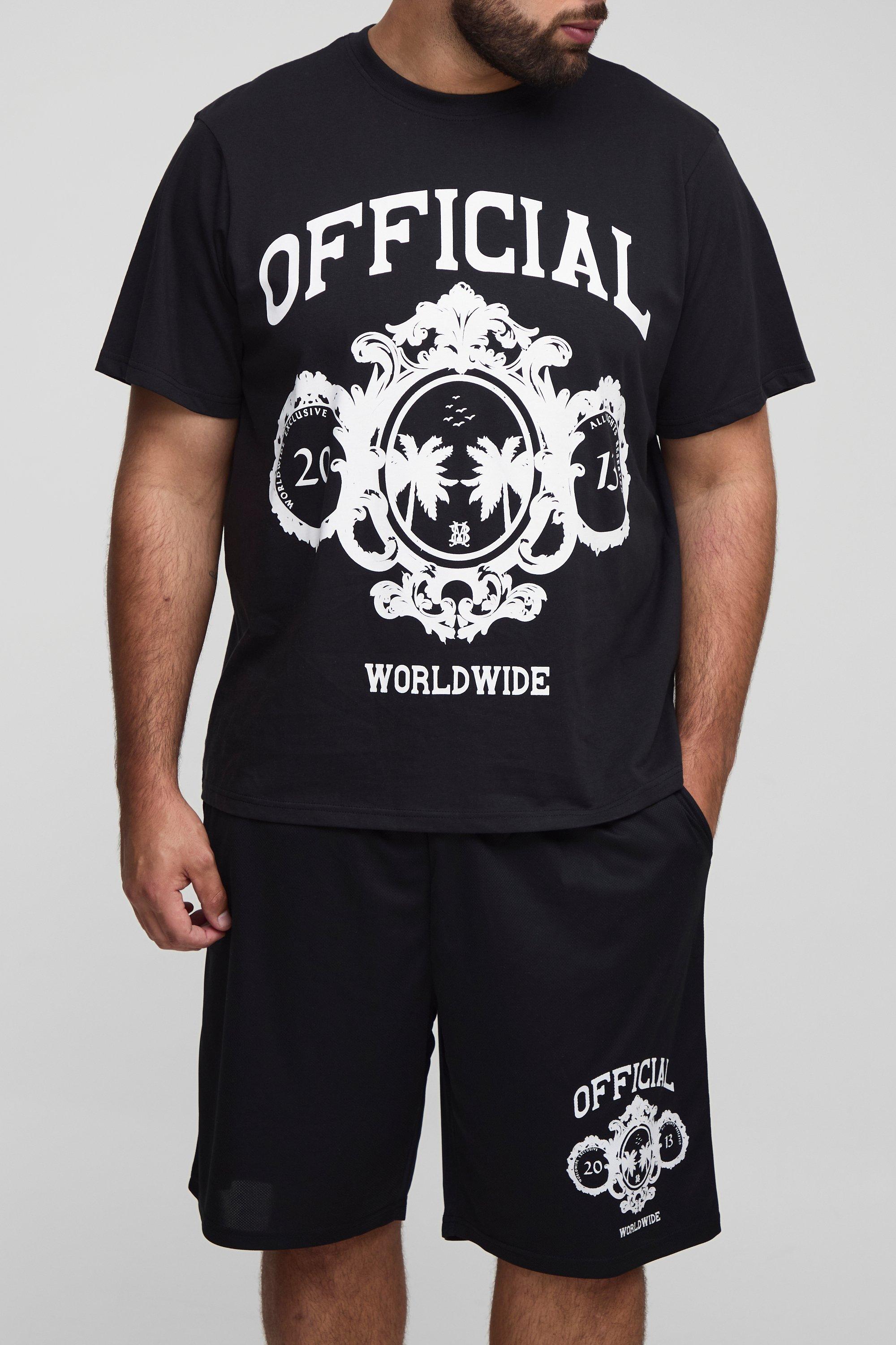 Image of Plus Official Varsity Regular Fit Print T-Shirt & Basketball Short Set, Nero