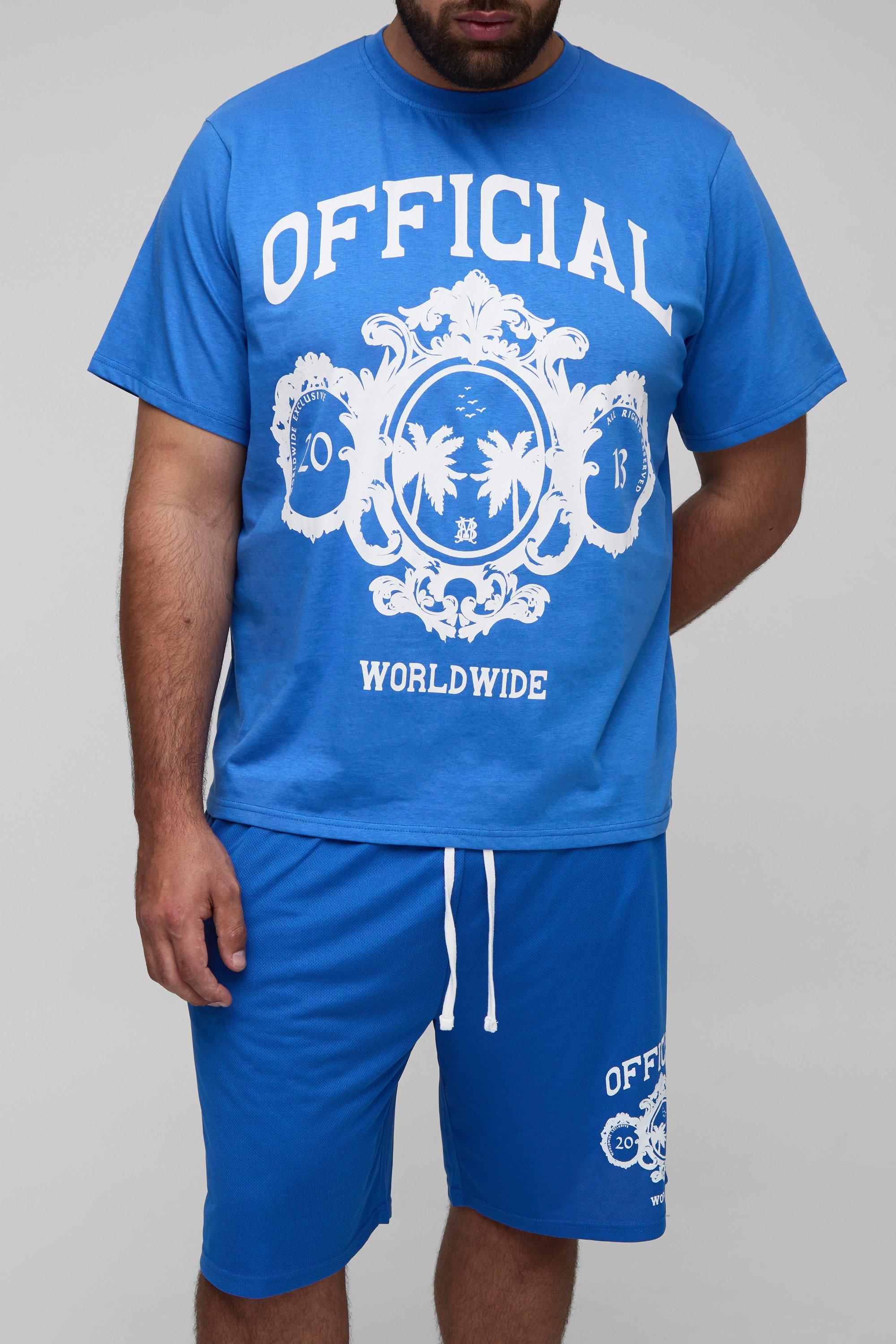 Image of Plus Official Varsity Regular Fit Print T-Shirt & Basketball Short Set, Azzurro